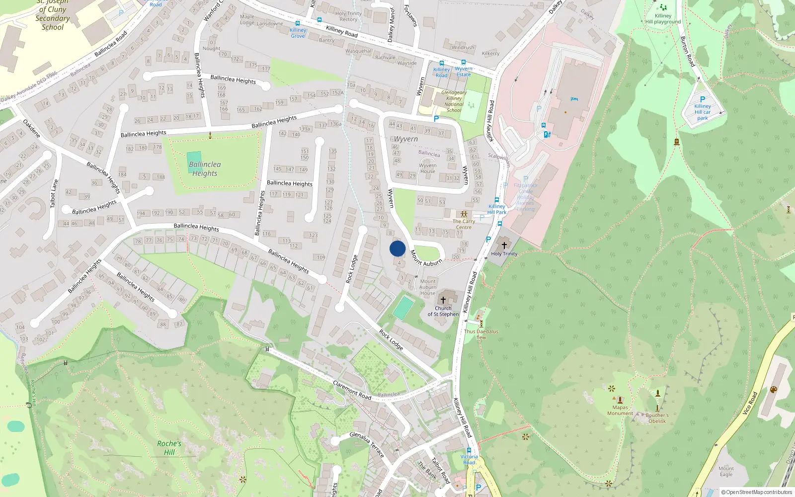 Overhead map showing the location of 6 Mount Auburn, Dalkey