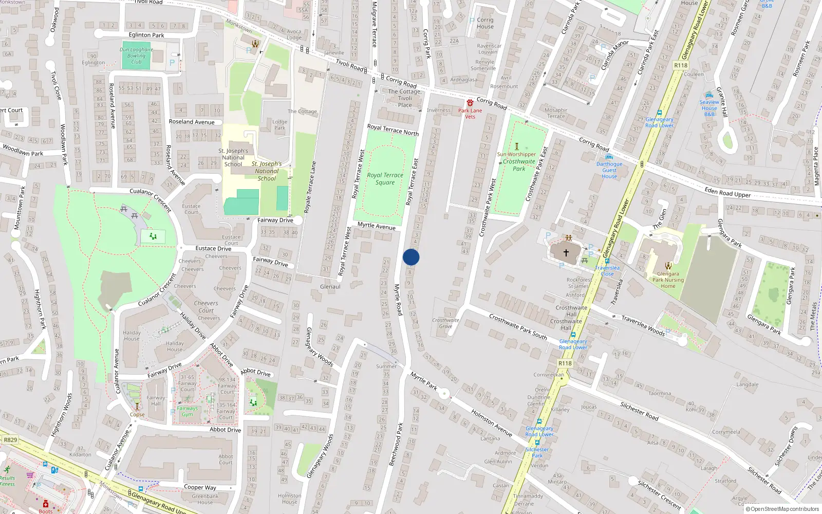 Overhead map showing the location of 6 Myrtle Park, Dun Laoghaire, Dublin
