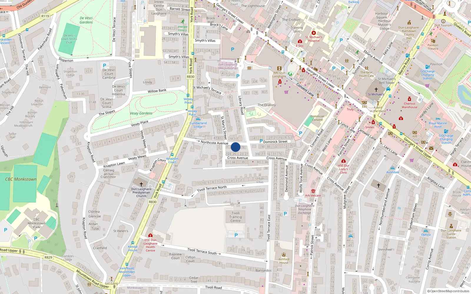 Overhead map showing the location of 6 Northcote Avenue, Dun Laoghaire, Dublin