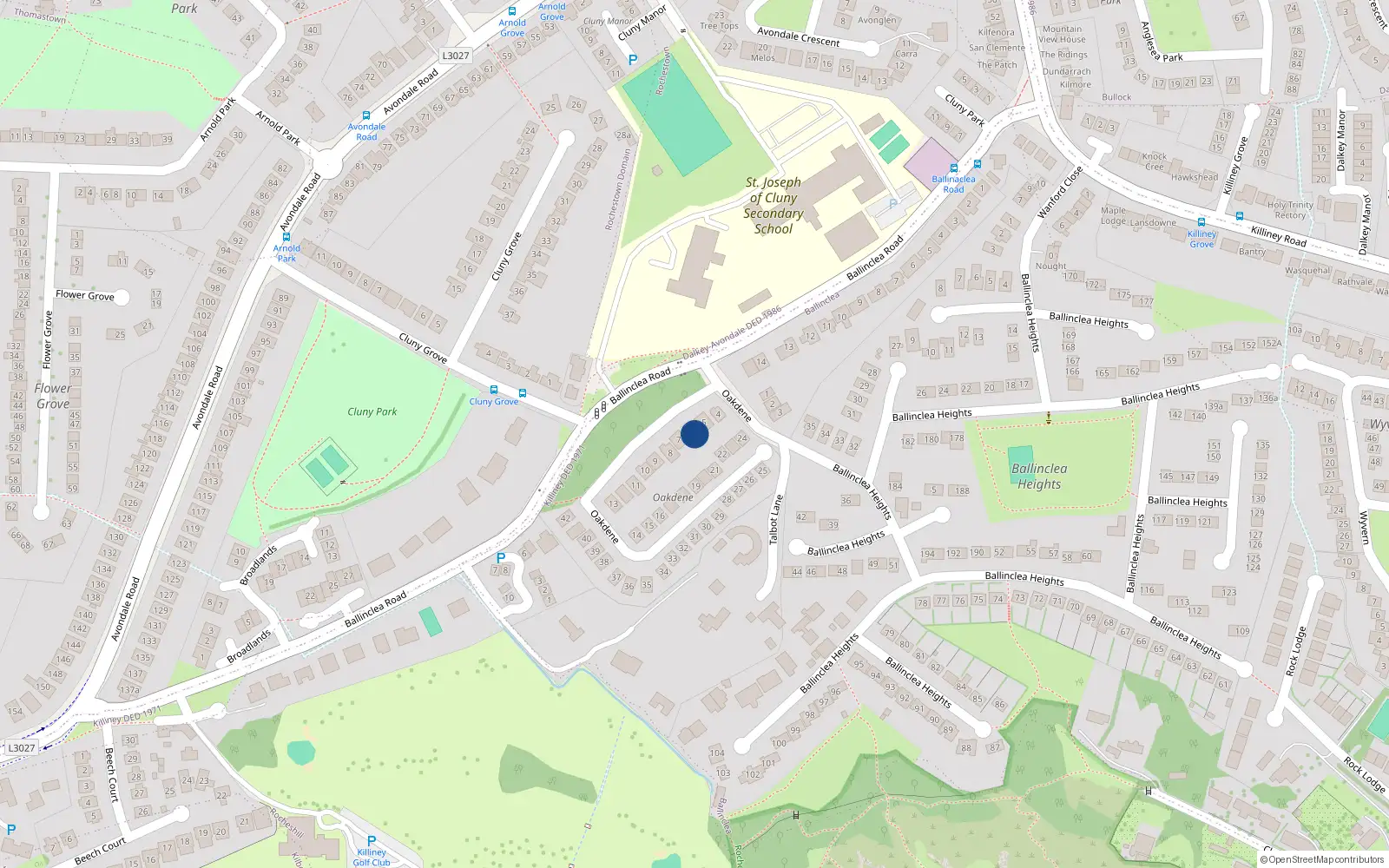 Overhead map showing the location of 6 Oakdene, Ballinclea Road, Killiney