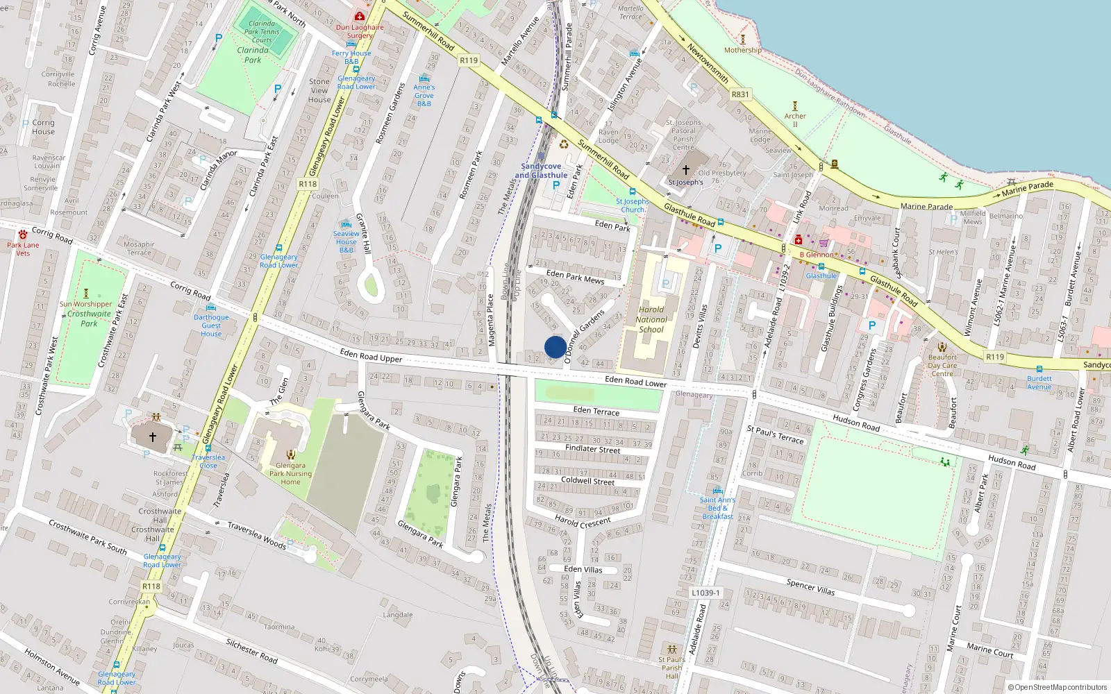 Overhead map showing the location of 6 Odonnell Gardens, Glasthule, Co Dublin