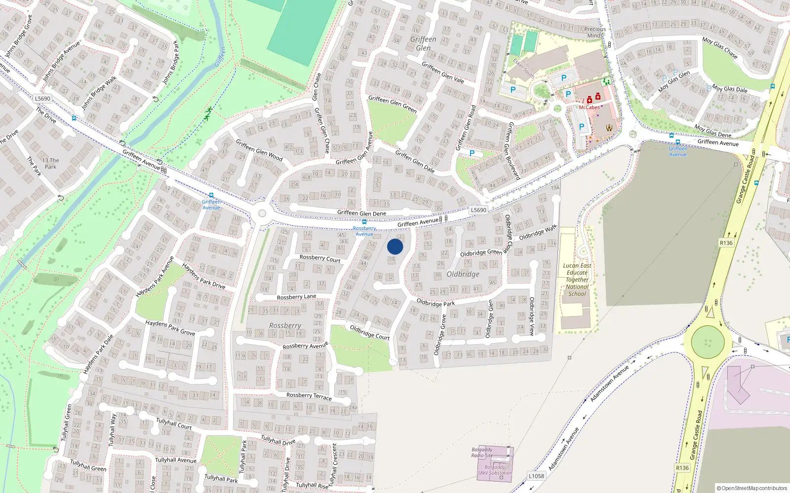 Overhead map showing the location of 6 Oldbridge Park, Lucan
