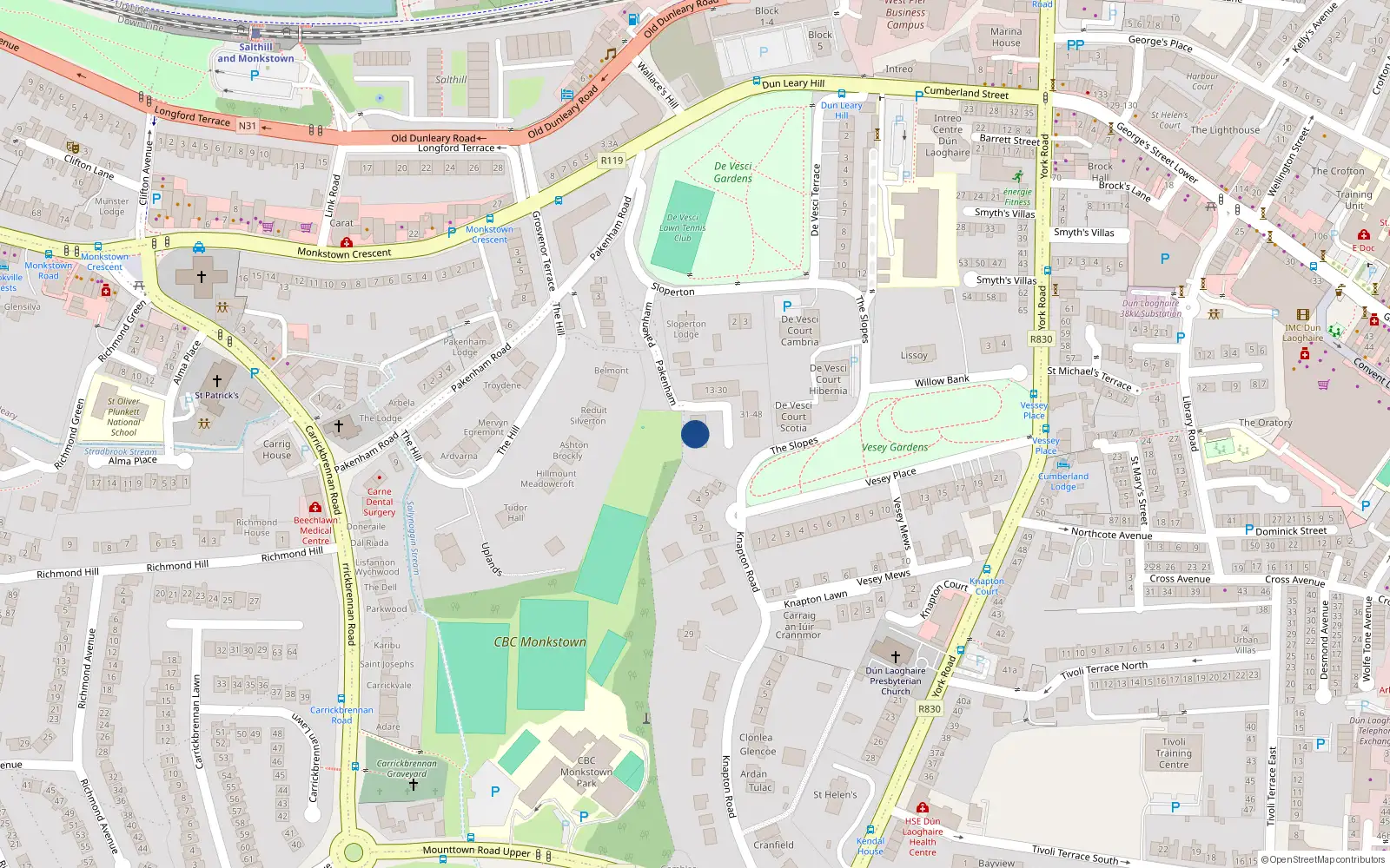 Overhead map showing the location of 6 Pakenham, Monkstown, Dublin