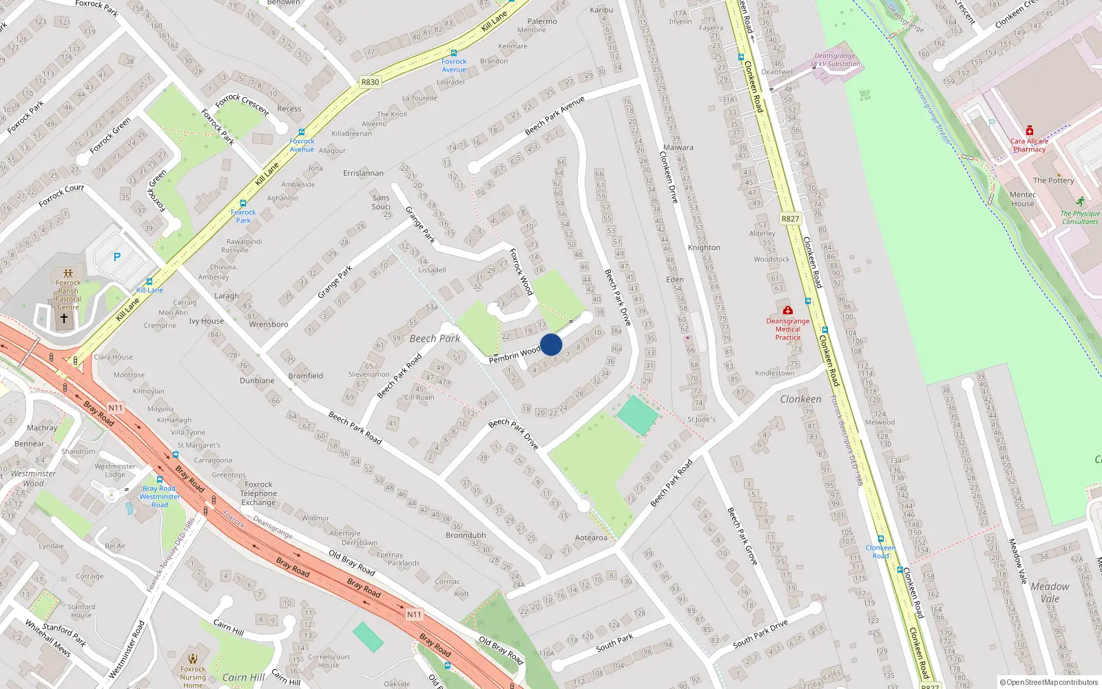 Overhead map showing the location of 6 Pembrin Wood, Foxrock