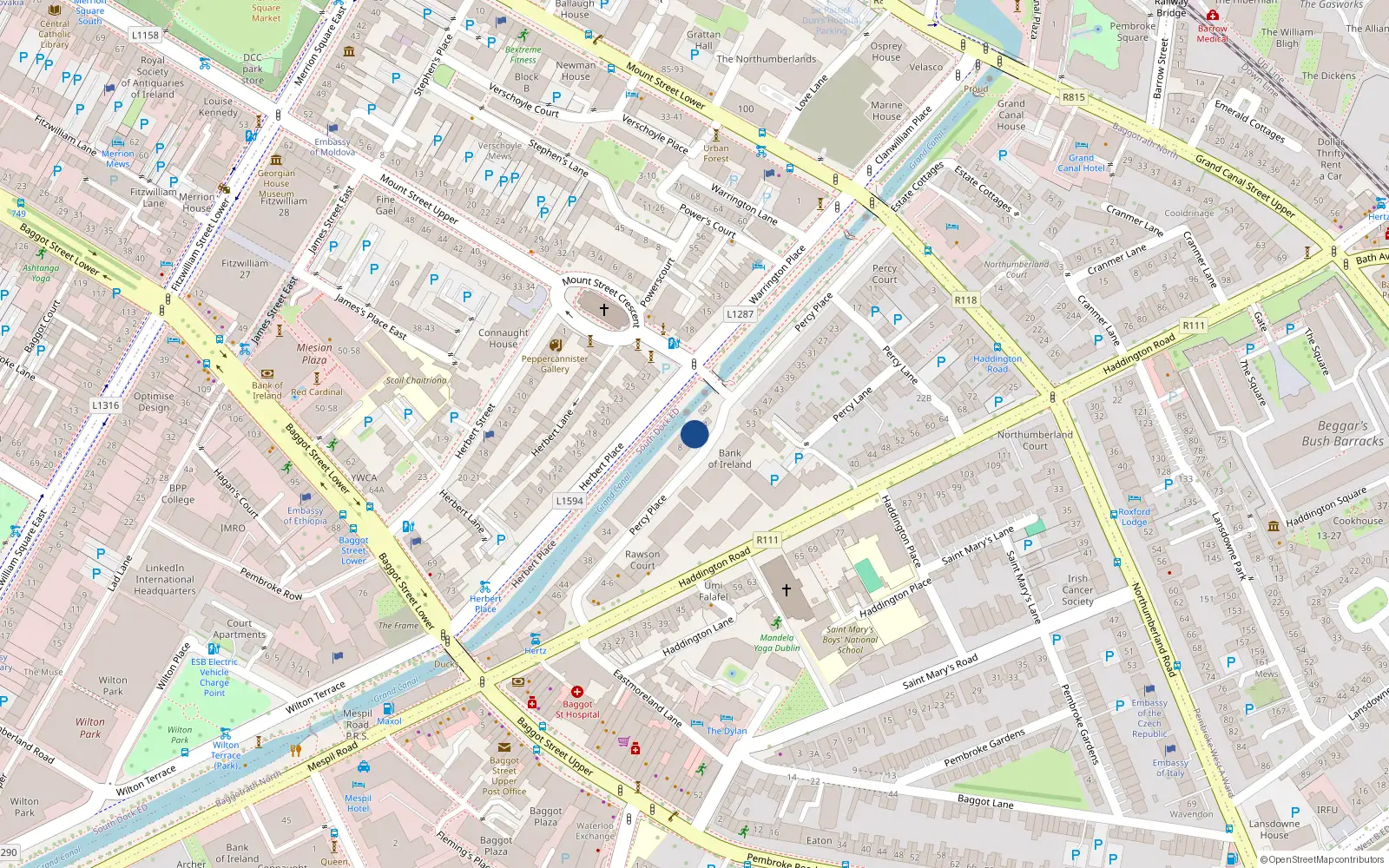 Overhead map showing the location of 6A Percy Place, Dublin