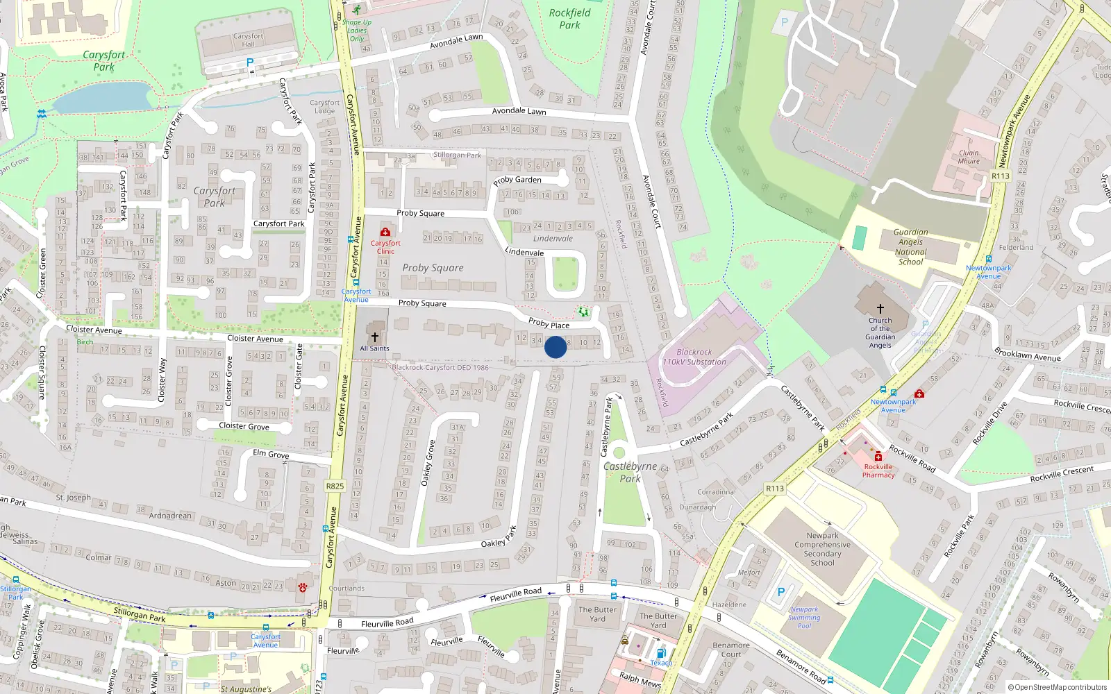 Overhead map showing the location of 6 Proby Place, Blackrock