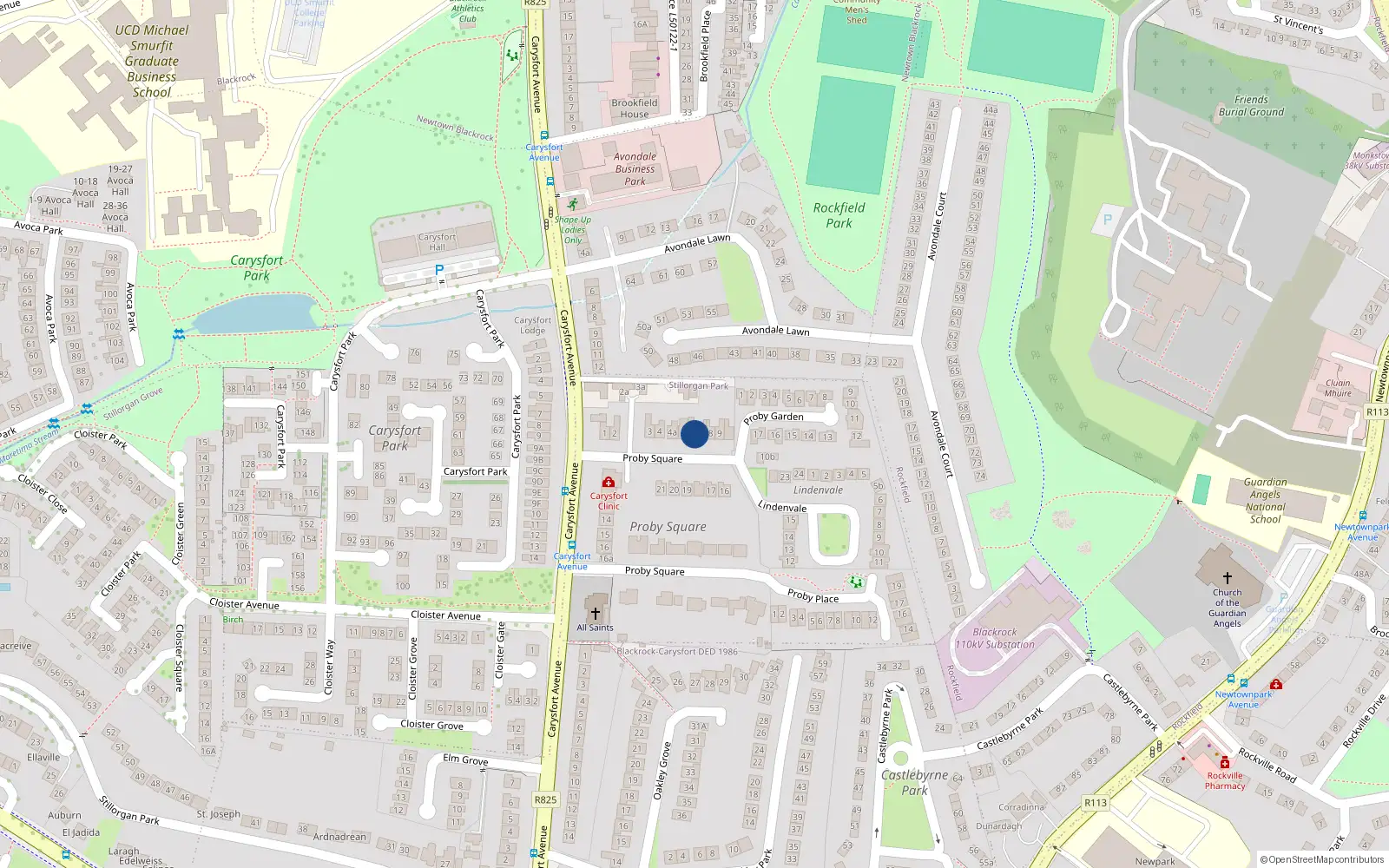 Overhead map showing the location of 6 Proby Square, Blackrock