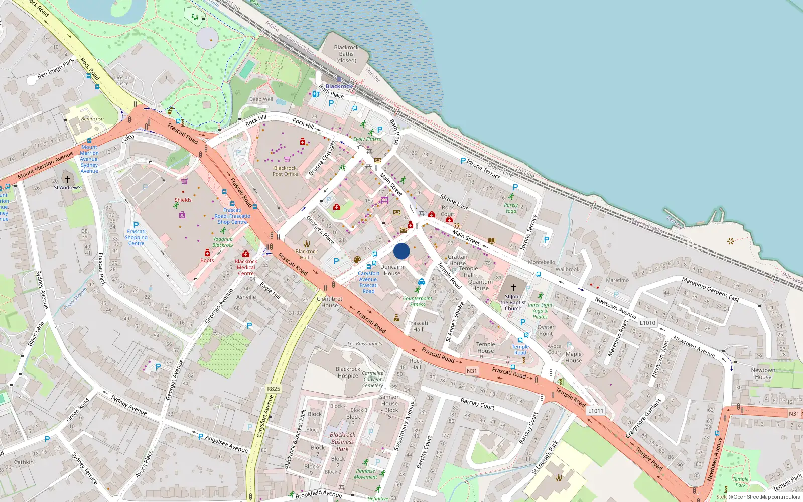 Overhead map showing the location of 8 Carysfort Avenue, Blackrock