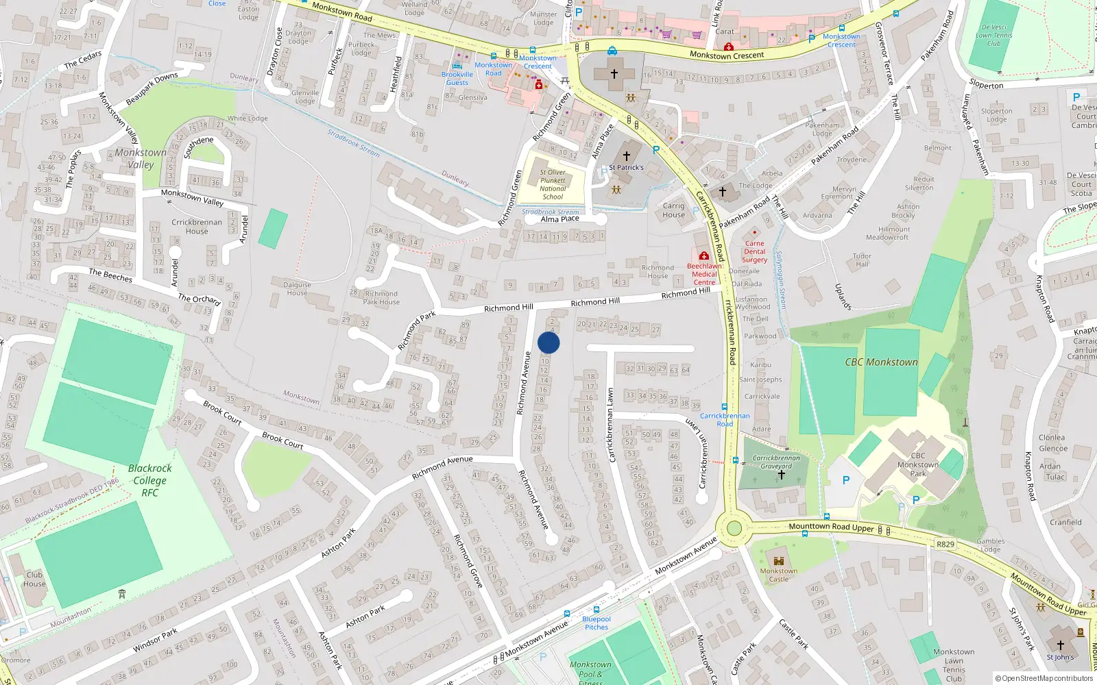 Overhead map showing the location of 6 Richmond Avenue, Monkstown