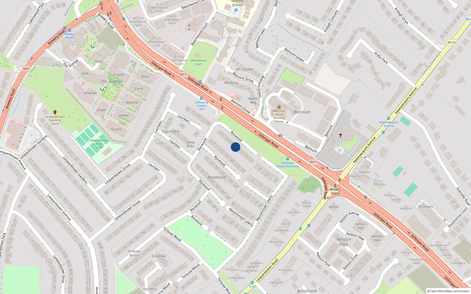 Overhead map showing the location of 6 Rocwood, Galloping Green, Stillorgan