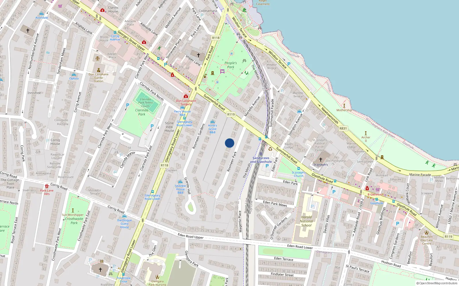 Overhead map showing the location of 6 Rosmeen Park, Dun Laoghaire, Dublin