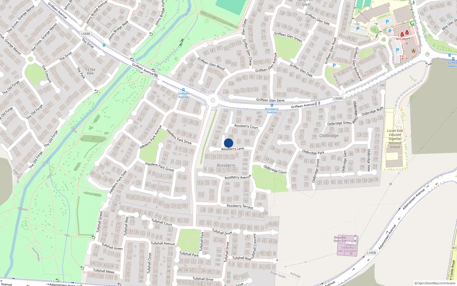 Overhead map showing the location of 6 Rossberry Lane, Lucan