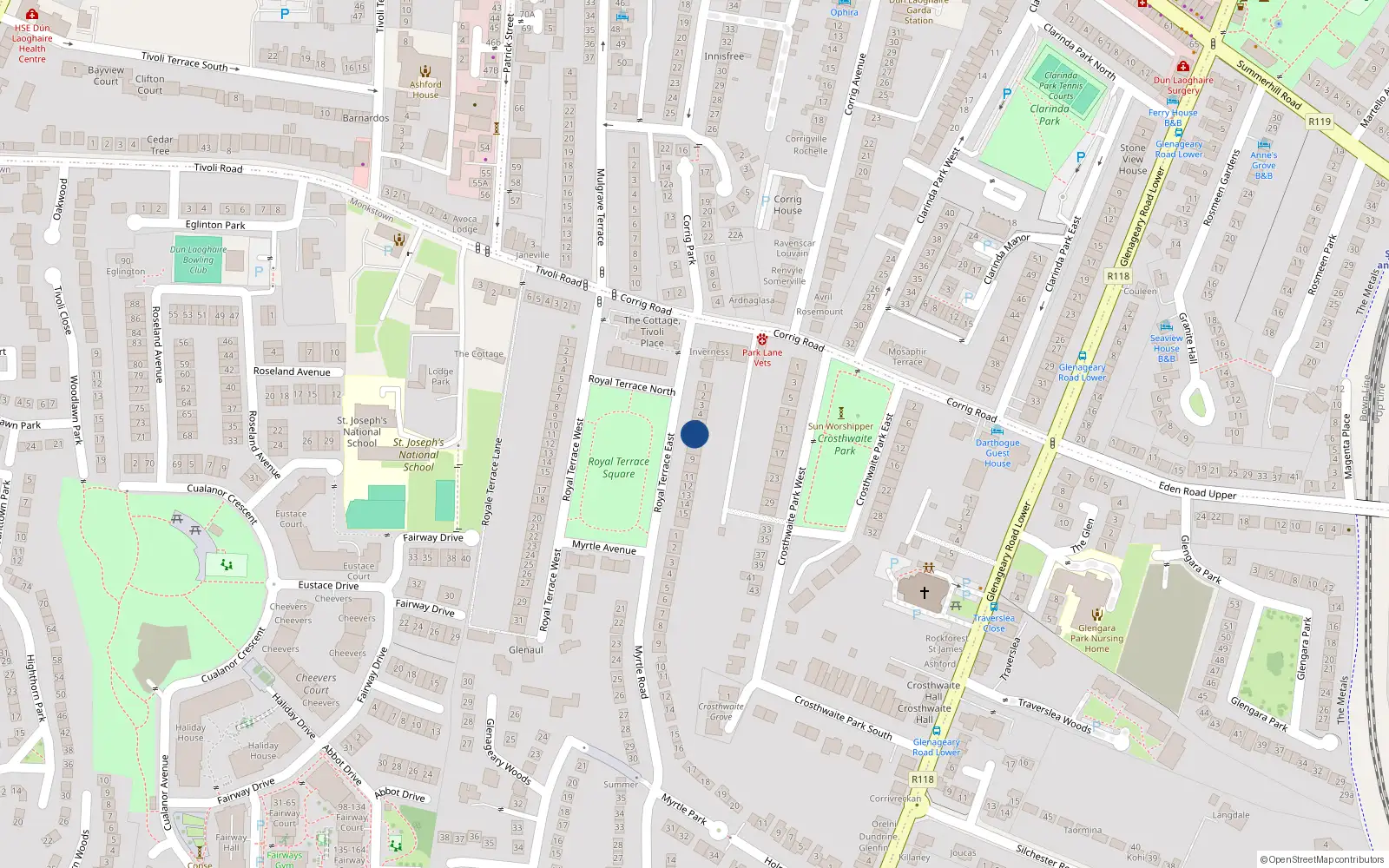 Overhead map showing the location of 6 Royal Terrace East, Dun Laoghaire, Dublin