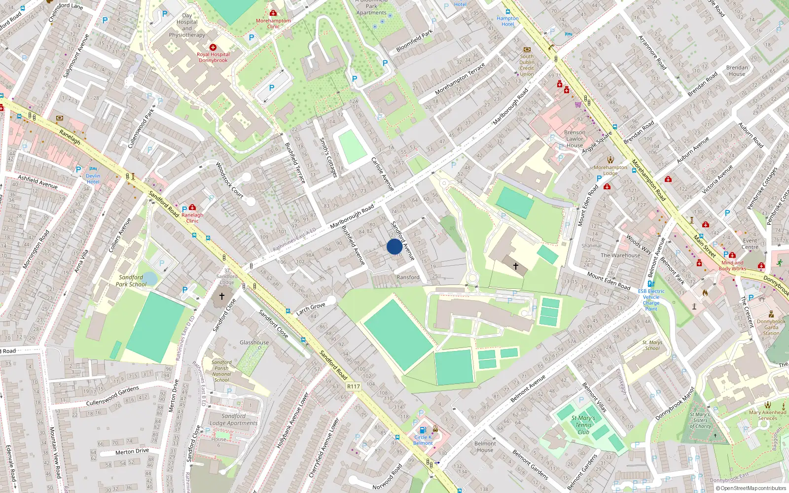 Overhead map showing the location of 6 Sandford Avenue, Donnybrook