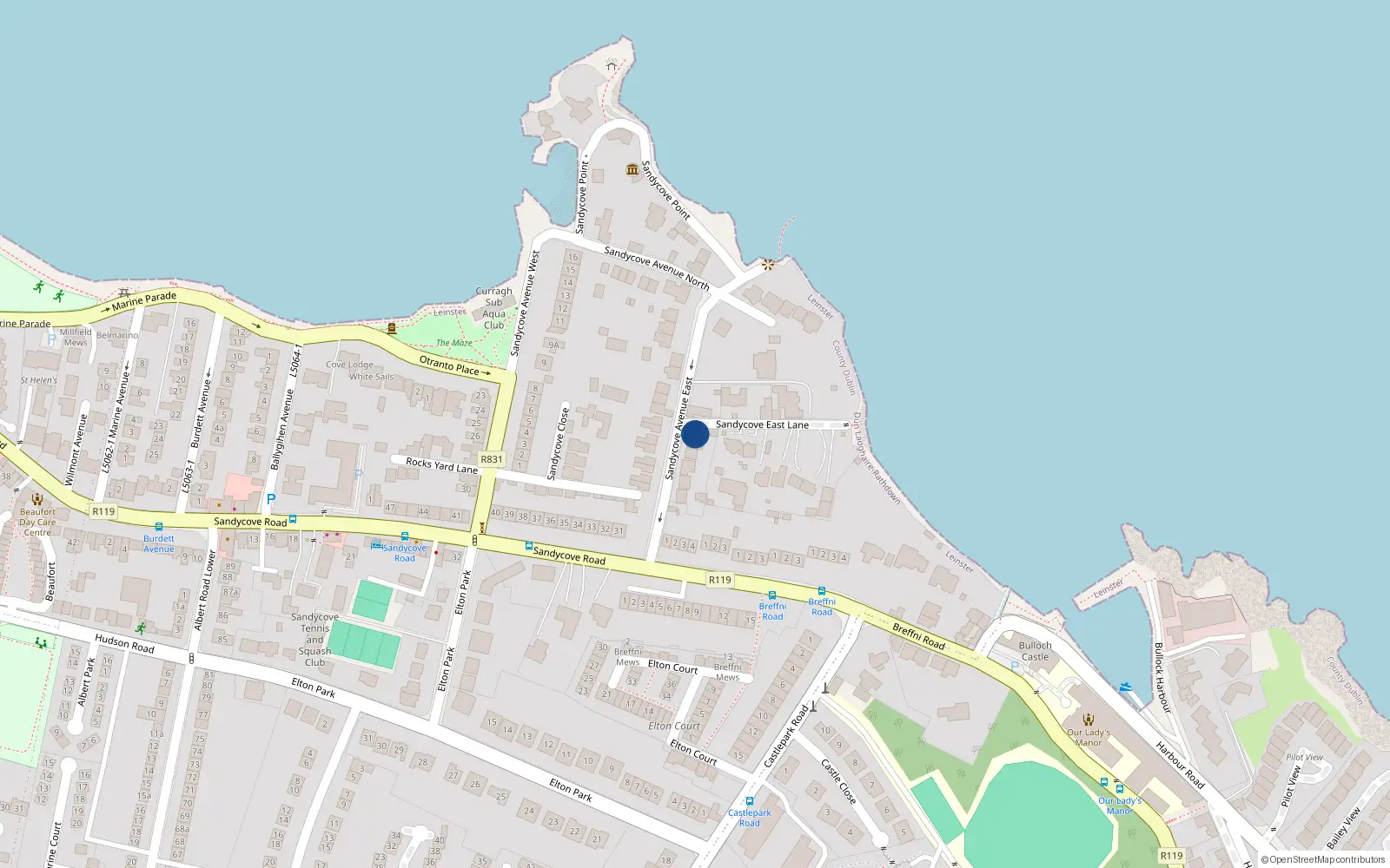 Overhead map showing the location of 6 Sandycove Avenue East, Sandycove, Dublin