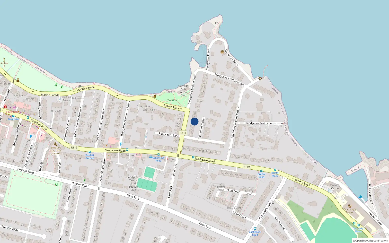 Overhead map showing the location of 6 Sandycove Avenue West, Dun Laoghaire