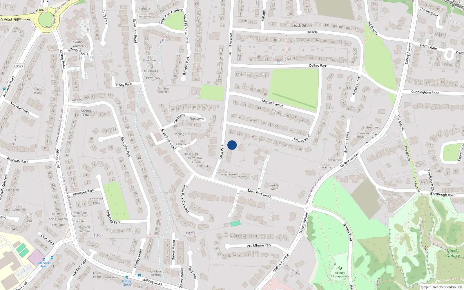 Overhead map showing the location of 6 Saval Grove, Dalkey, Dublin