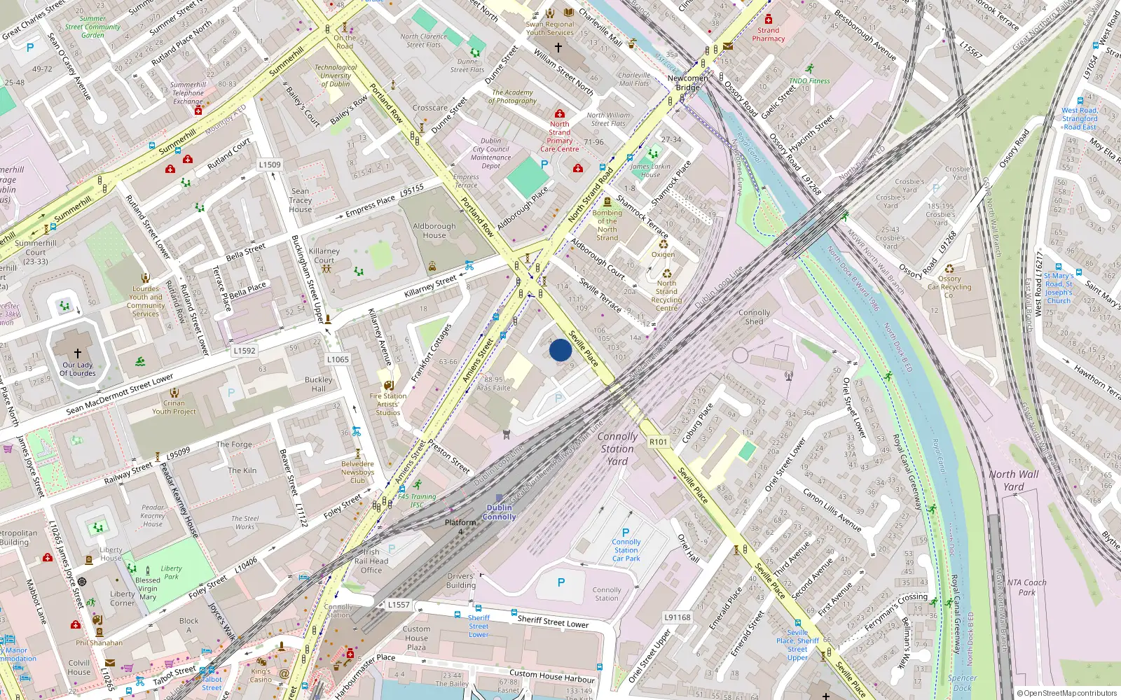 Overhead map showing the location of 6 Seville Place, Dublin 1