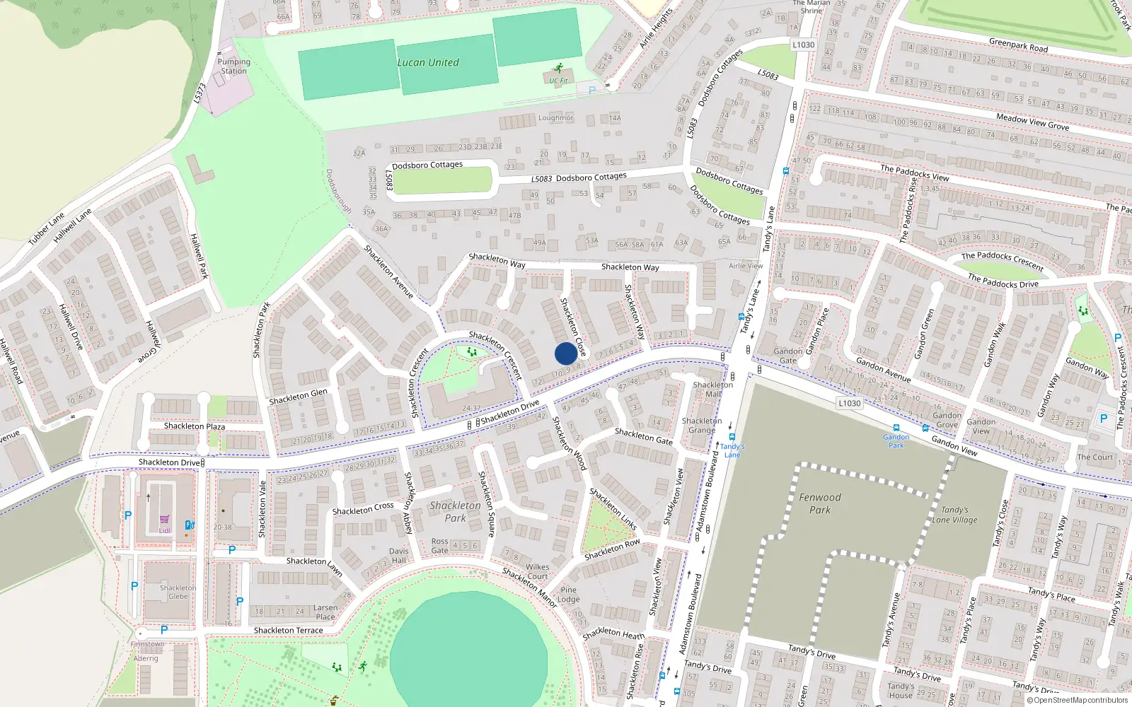 Overhead map showing the location of 6 Shackleton Close, Lucan