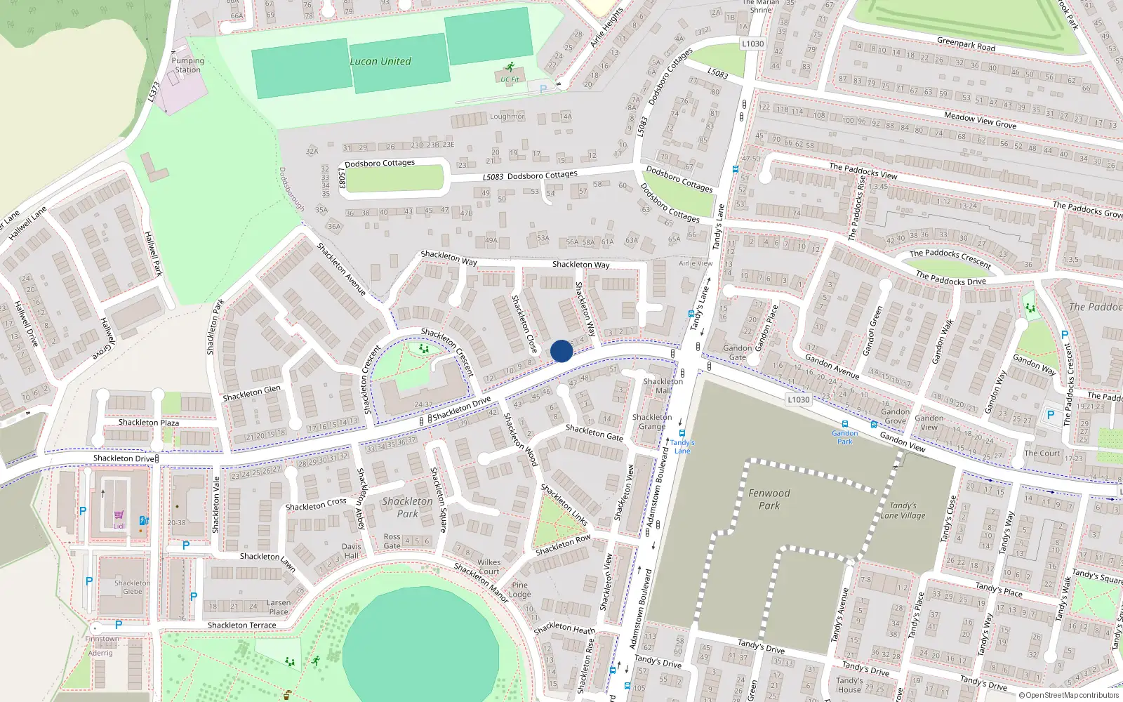 Overhead map showing the location of 6 Shackleton Drive, Shackleton Park, Lucan