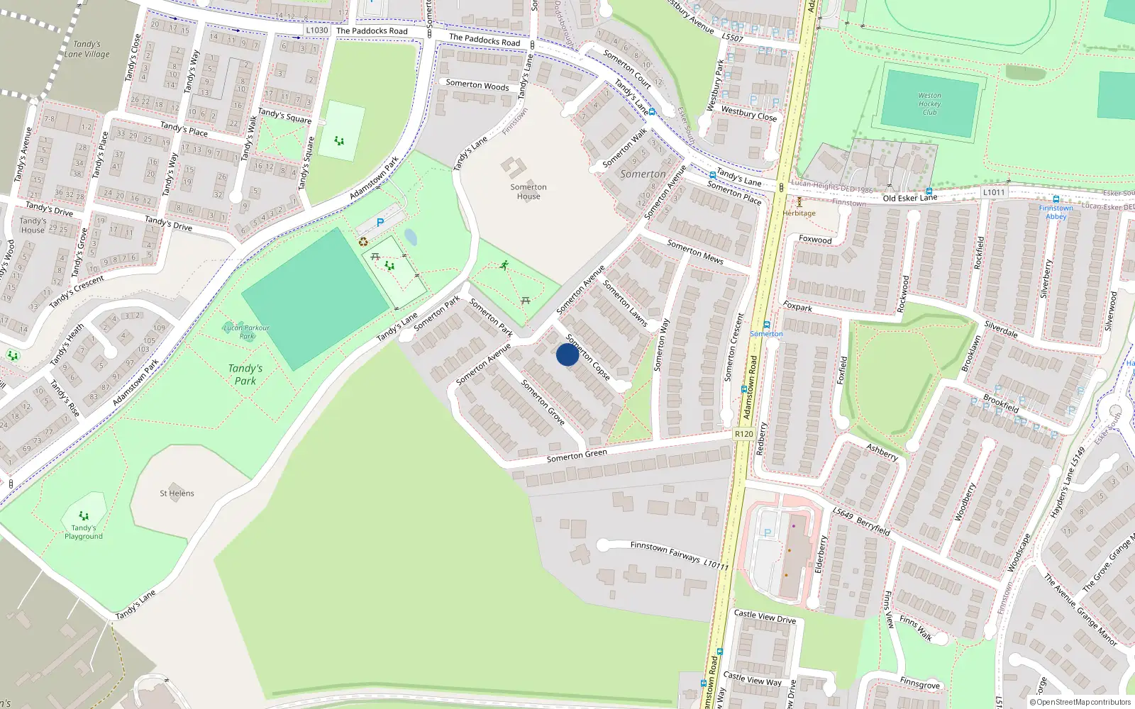 Overhead map showing the location of 6 Somerton Copse, Finnstown