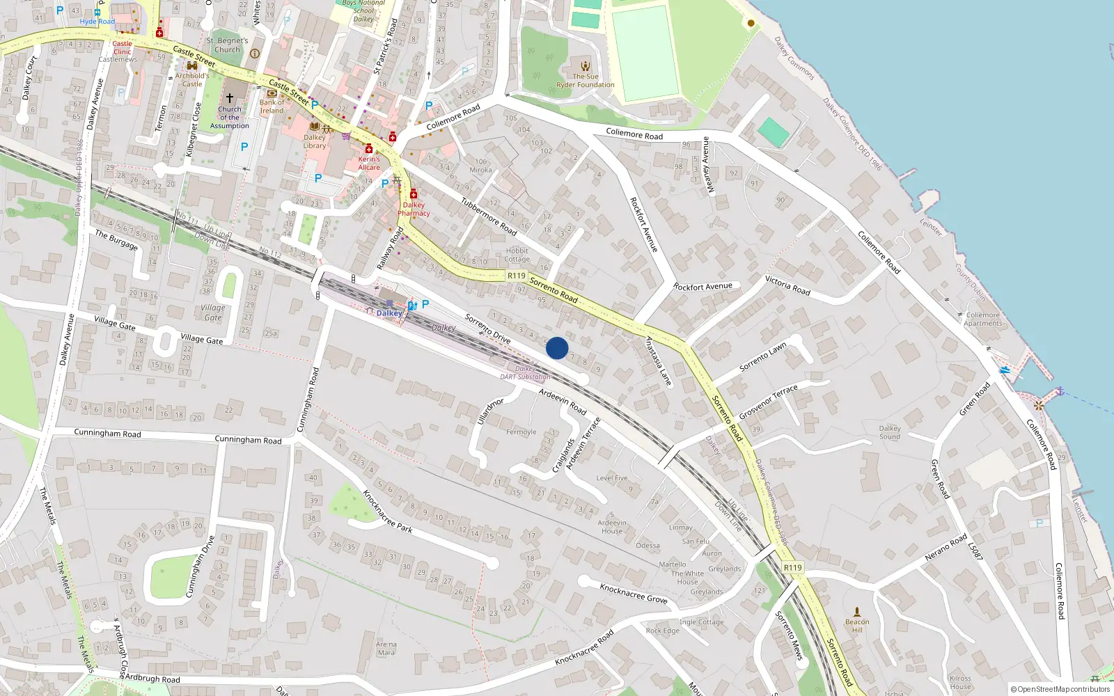 Overhead map showing the location of 6 Sorrento Drive, Dalkey, Dublin