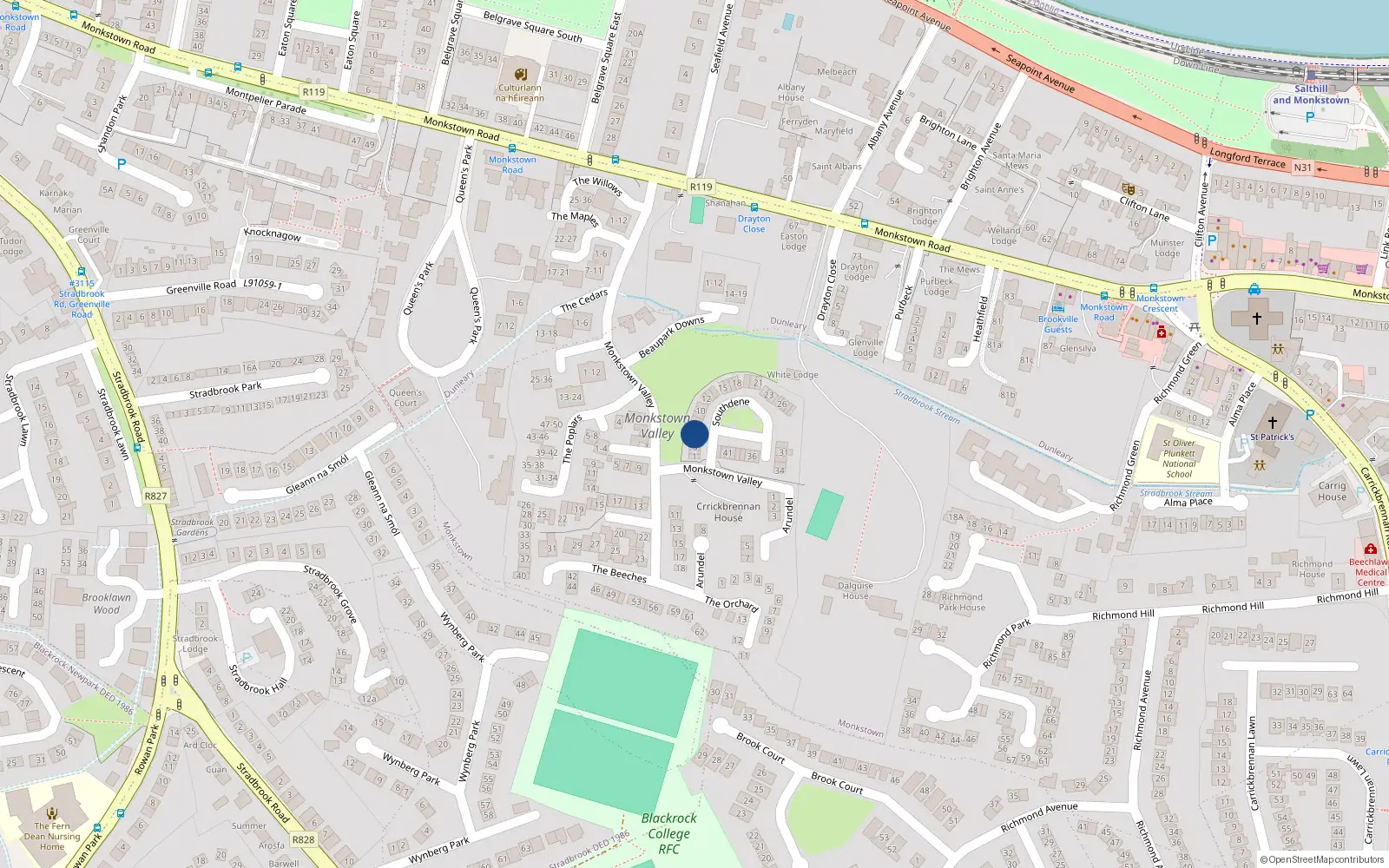 Overhead map showing the location of 6 South Dene, Monkstown Valley, Dublin