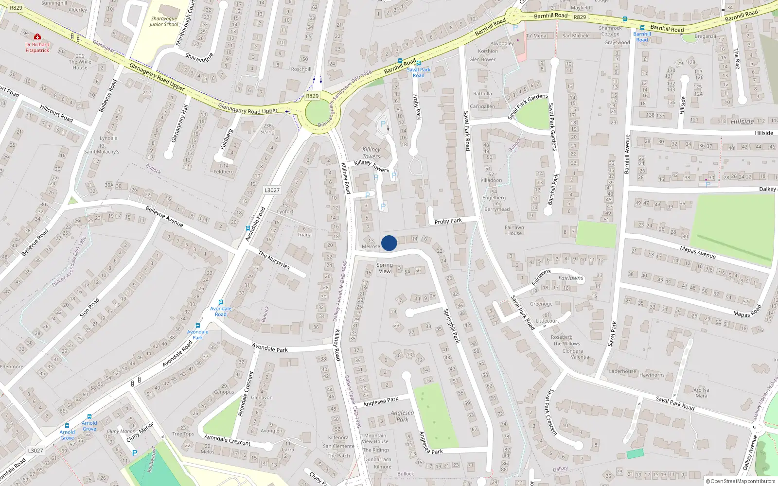 Overhead map showing the location of 6 Springhill Park, Dalkey, Dublin