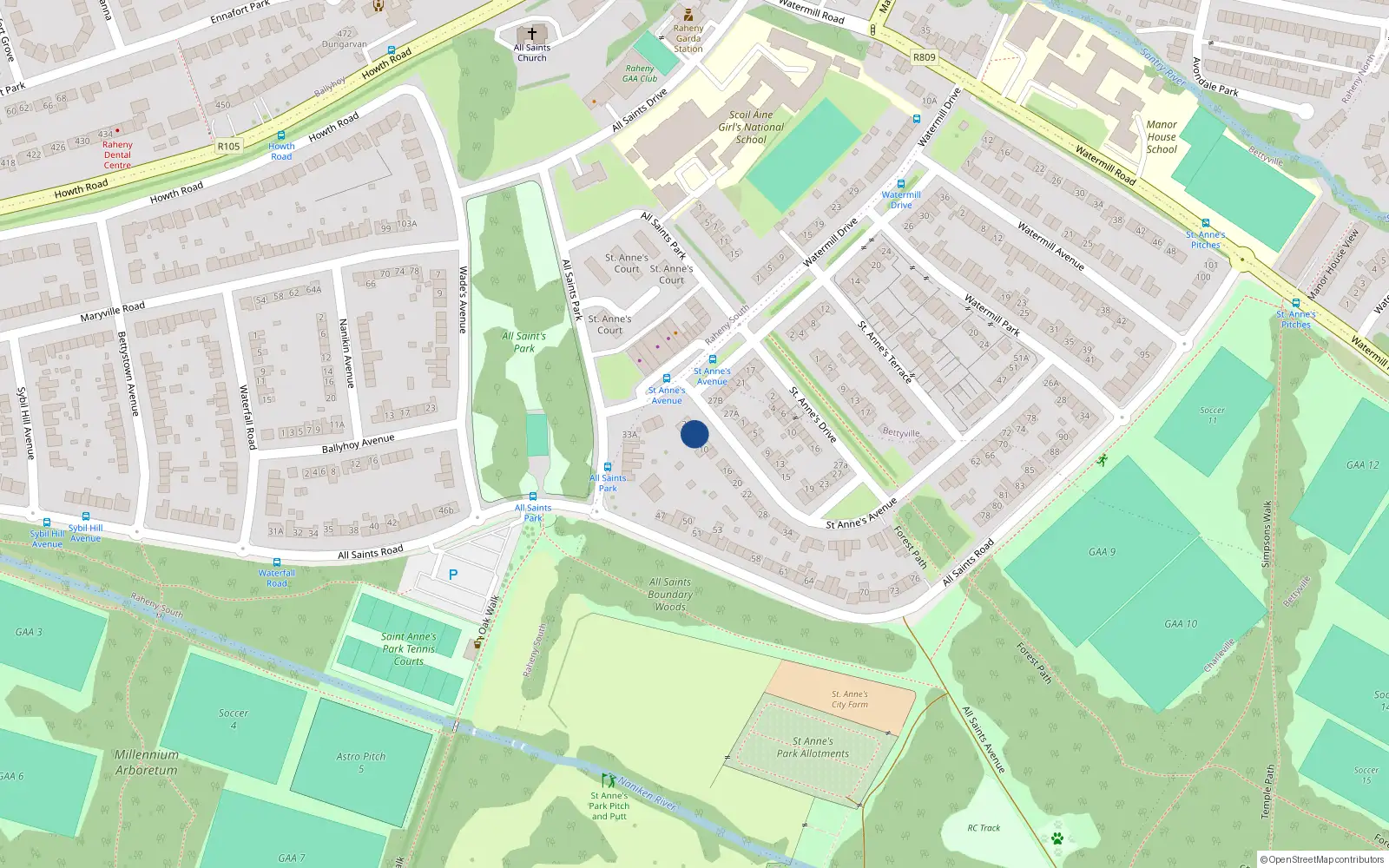 Overhead map showing the location of 6 St Annes Avenue, Raheny, Dublin 5