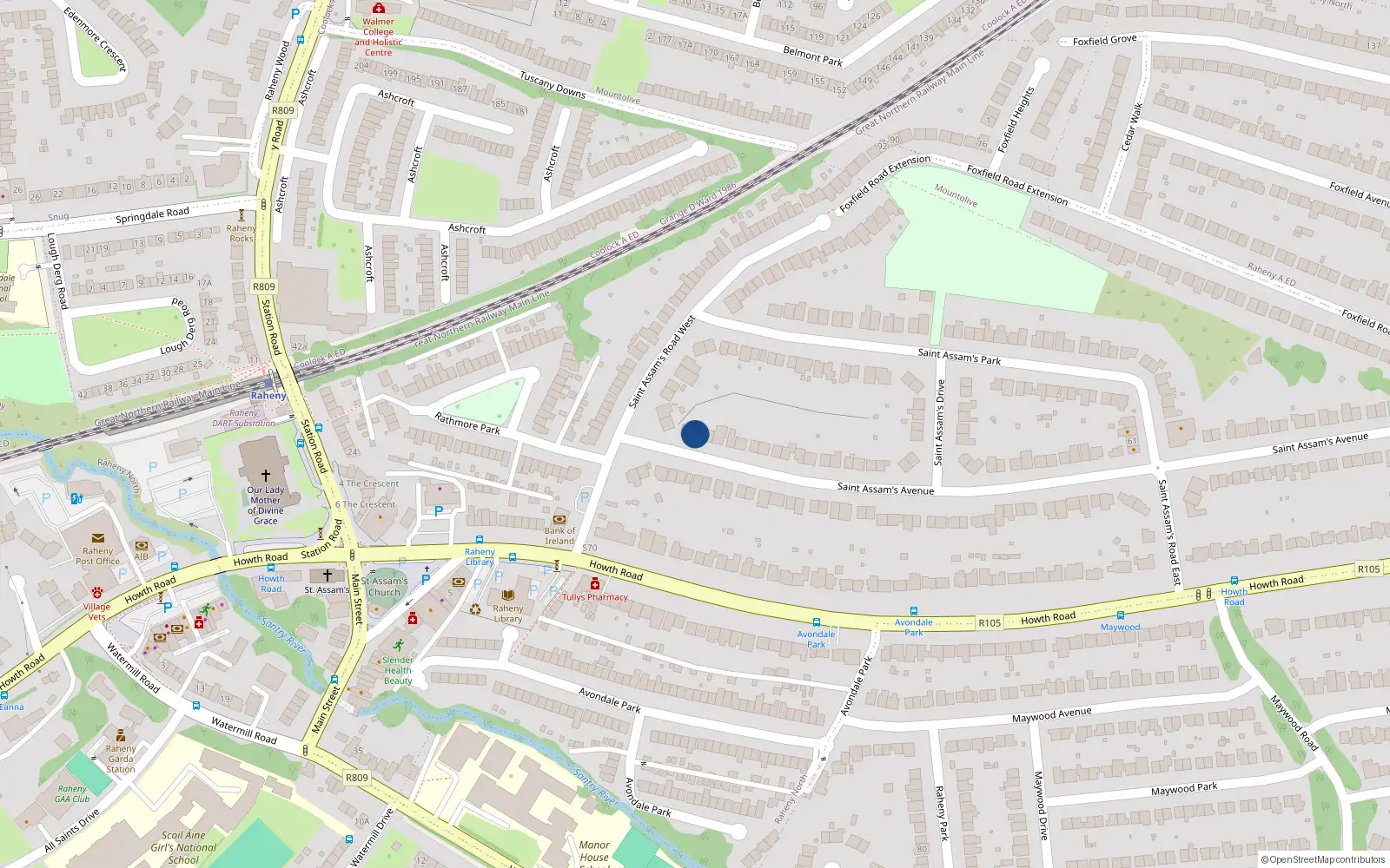 Overhead map showing the location of 6 St Assams Avenue, Raheny, Dublin 5