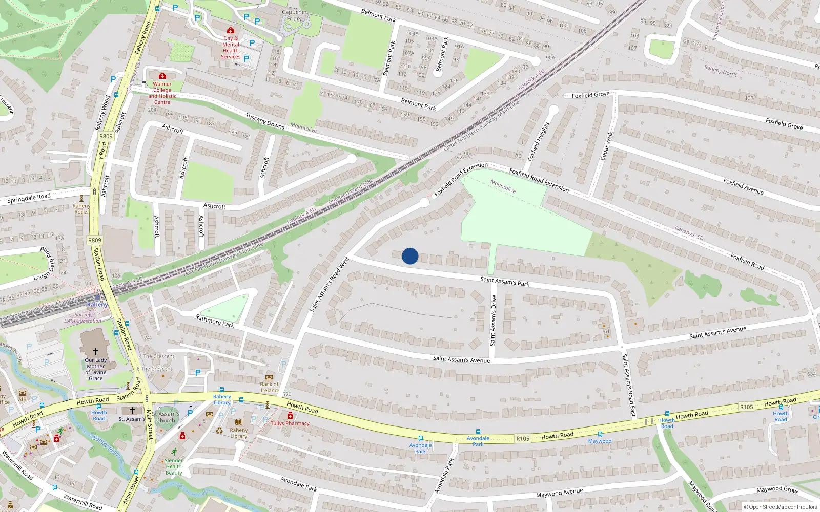 Overhead map showing the location of 6 St Assams Park, Raheny, Dublin 5