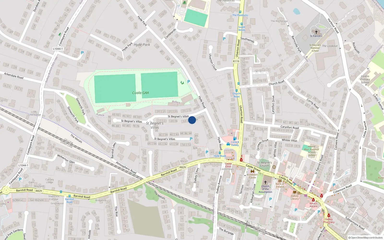 Overhead map showing the location of 6 St Begnets Villas, Dalkey, Dublin