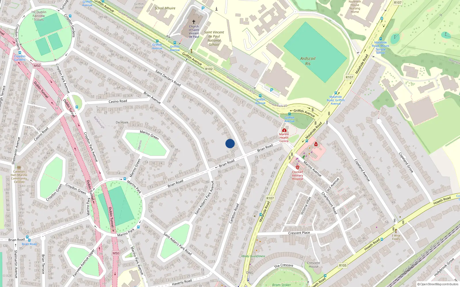 Overhead map showing the location of 6 Saint Declan's Road, Dublin 3