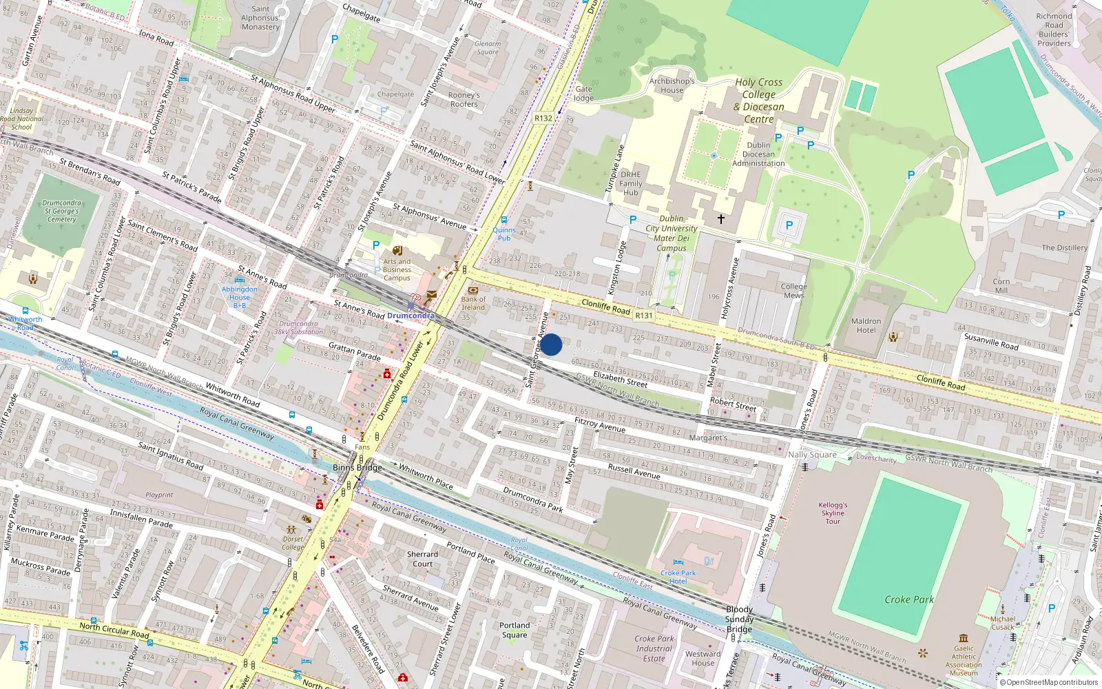 Overhead map showing the location of 6 St Georges Avenue, Clonliffe Road, Dublin 3