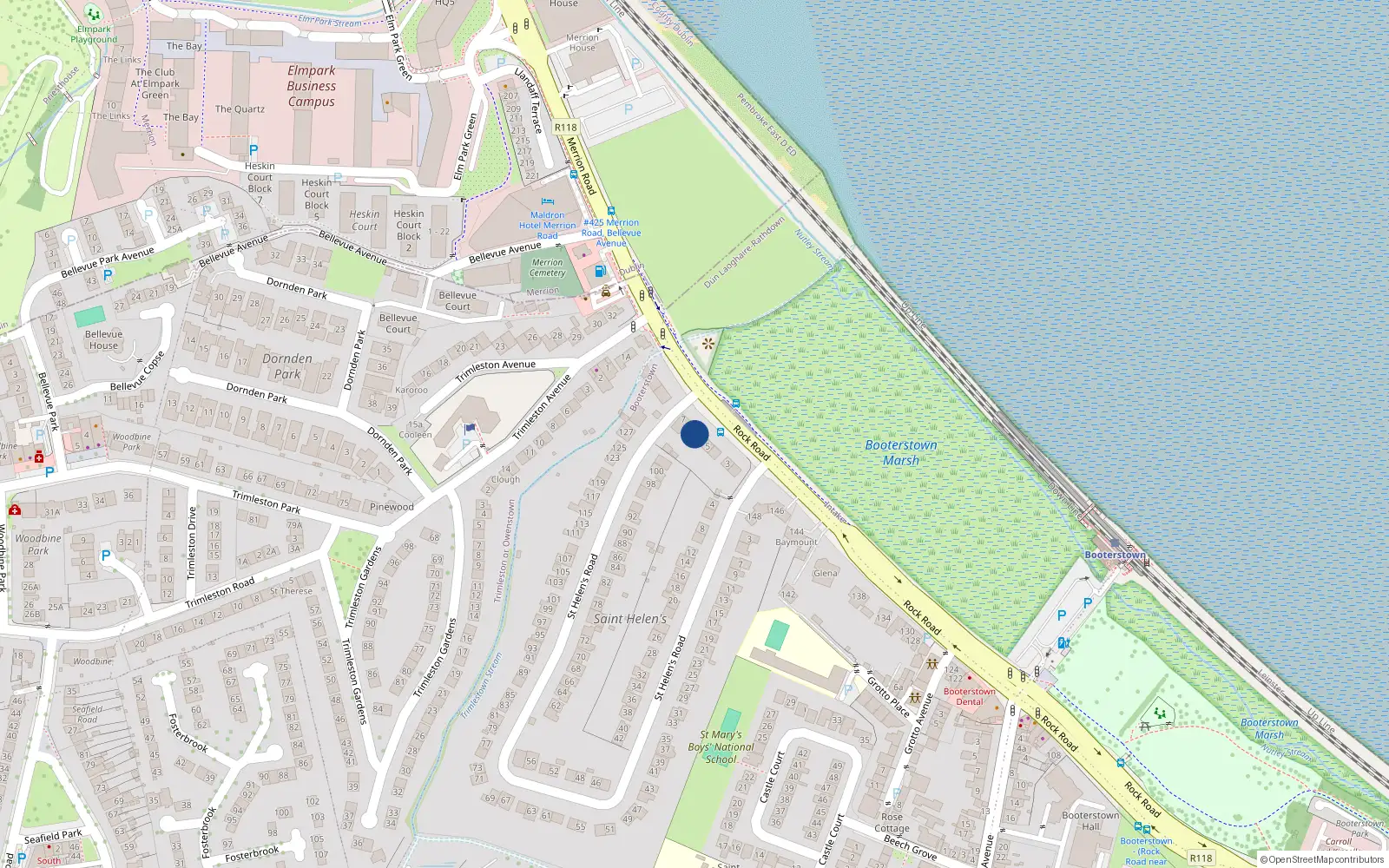 Overhead map showing the location of 6 St Helen's Road, Booterstown