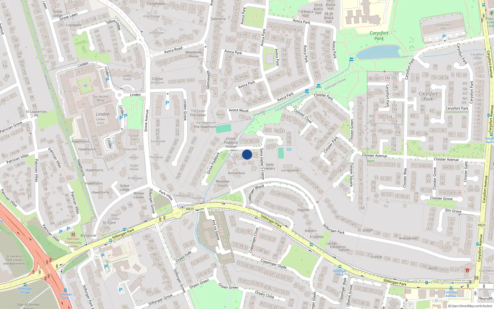 Overhead map showing the location of 6 St Helliers Copse, Blackrock, Dublin