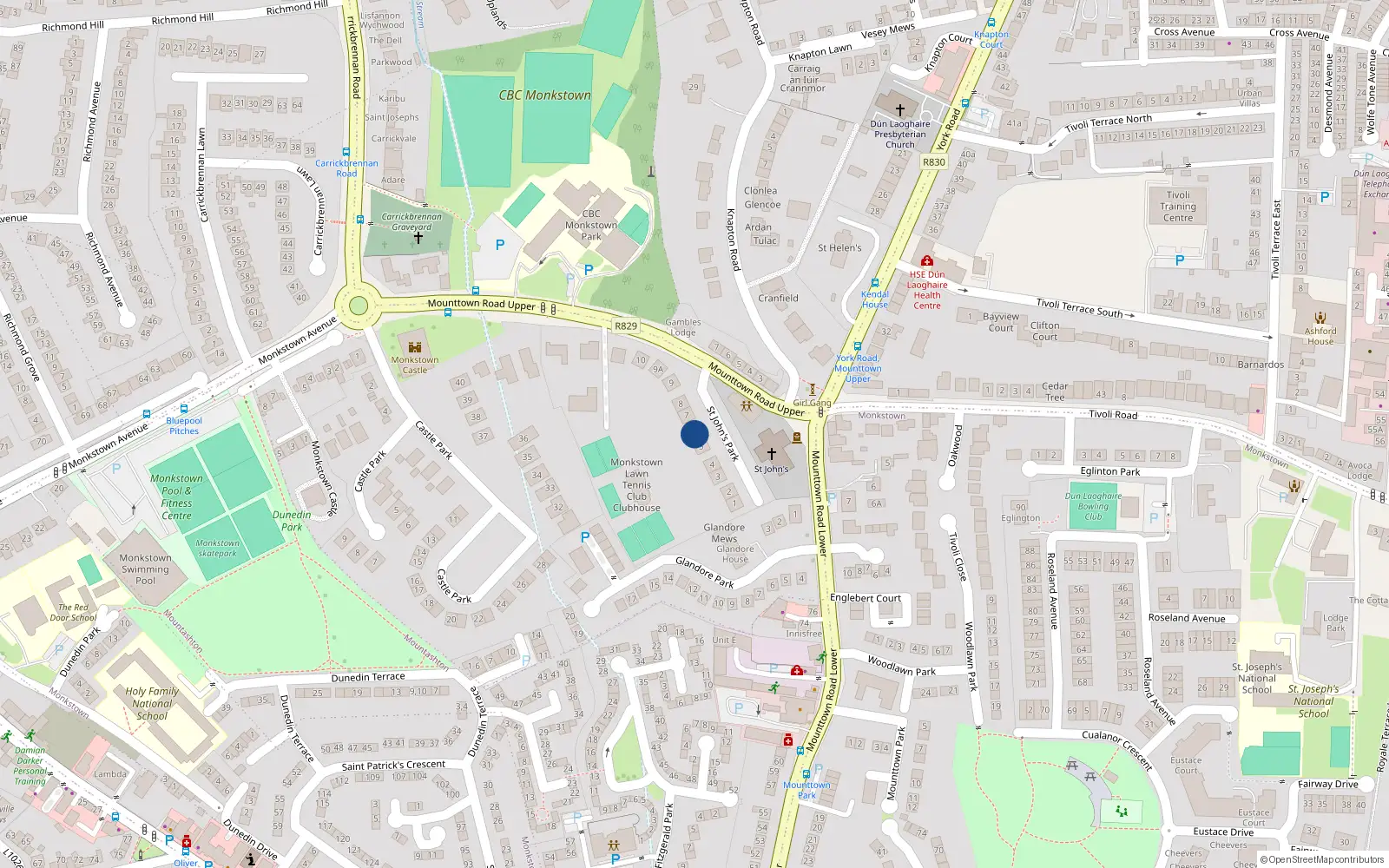 Overhead map showing the location of 6 St Johns Park, Dun Laoghaire