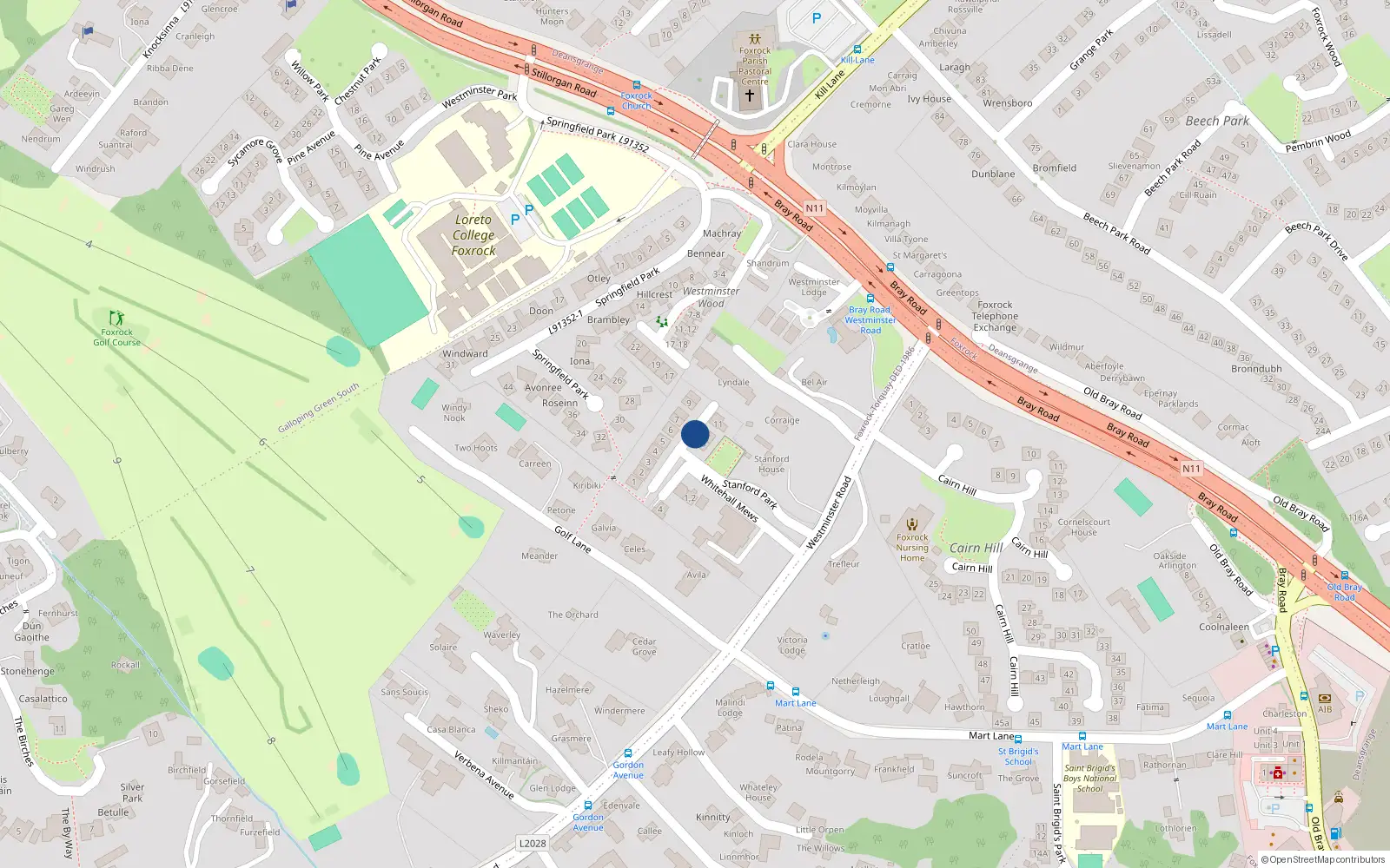 Overhead map showing the location of 6 Stanford Park, Foxrock