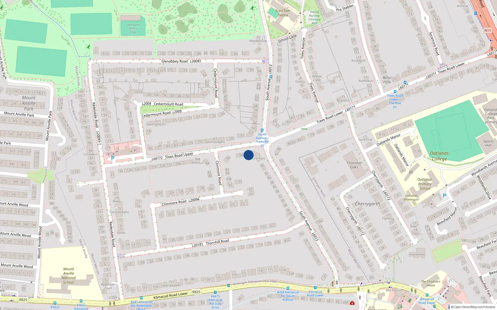 Overhead map showing the location of 6 Stone Park, Trees Road Upper, Mount Merrion