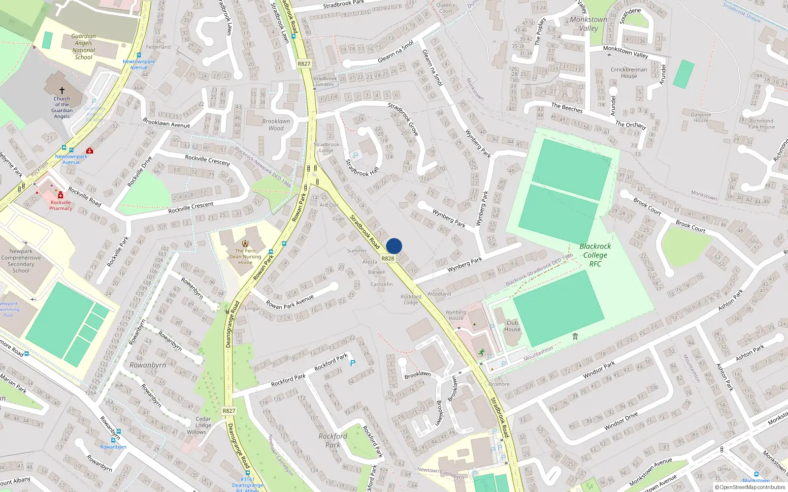Overhead map showing the location of 6 Stradbrook Road, Blackrock, Dublin