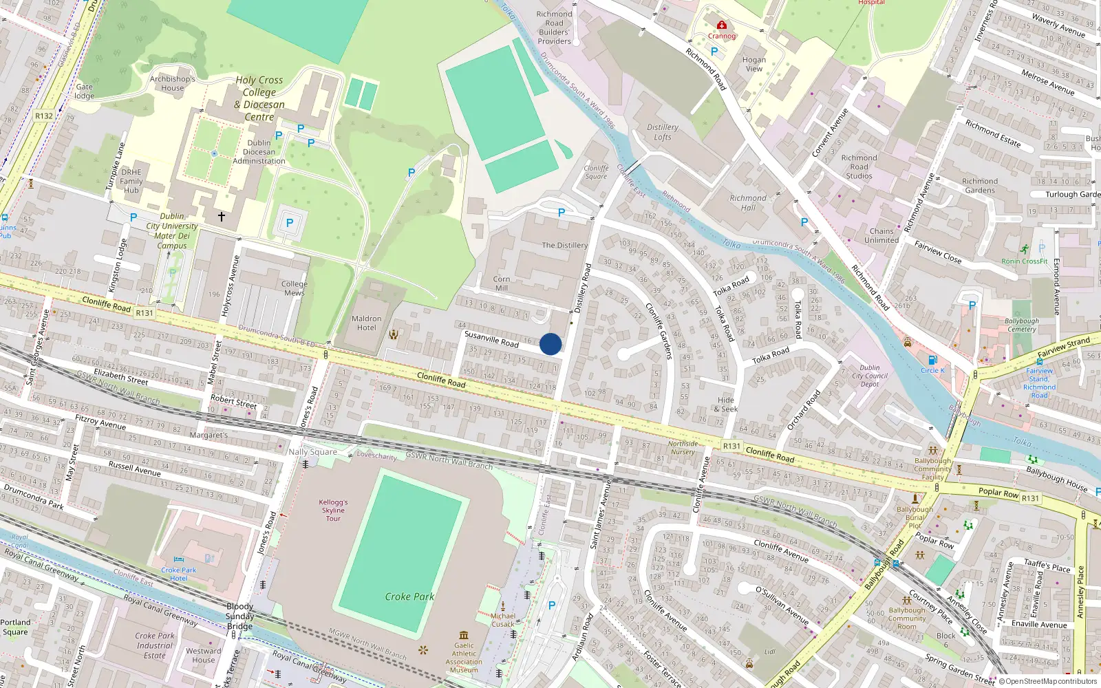 Overhead map showing the location of 6 Susanville Road, Clonliffe Road, Dublin 3