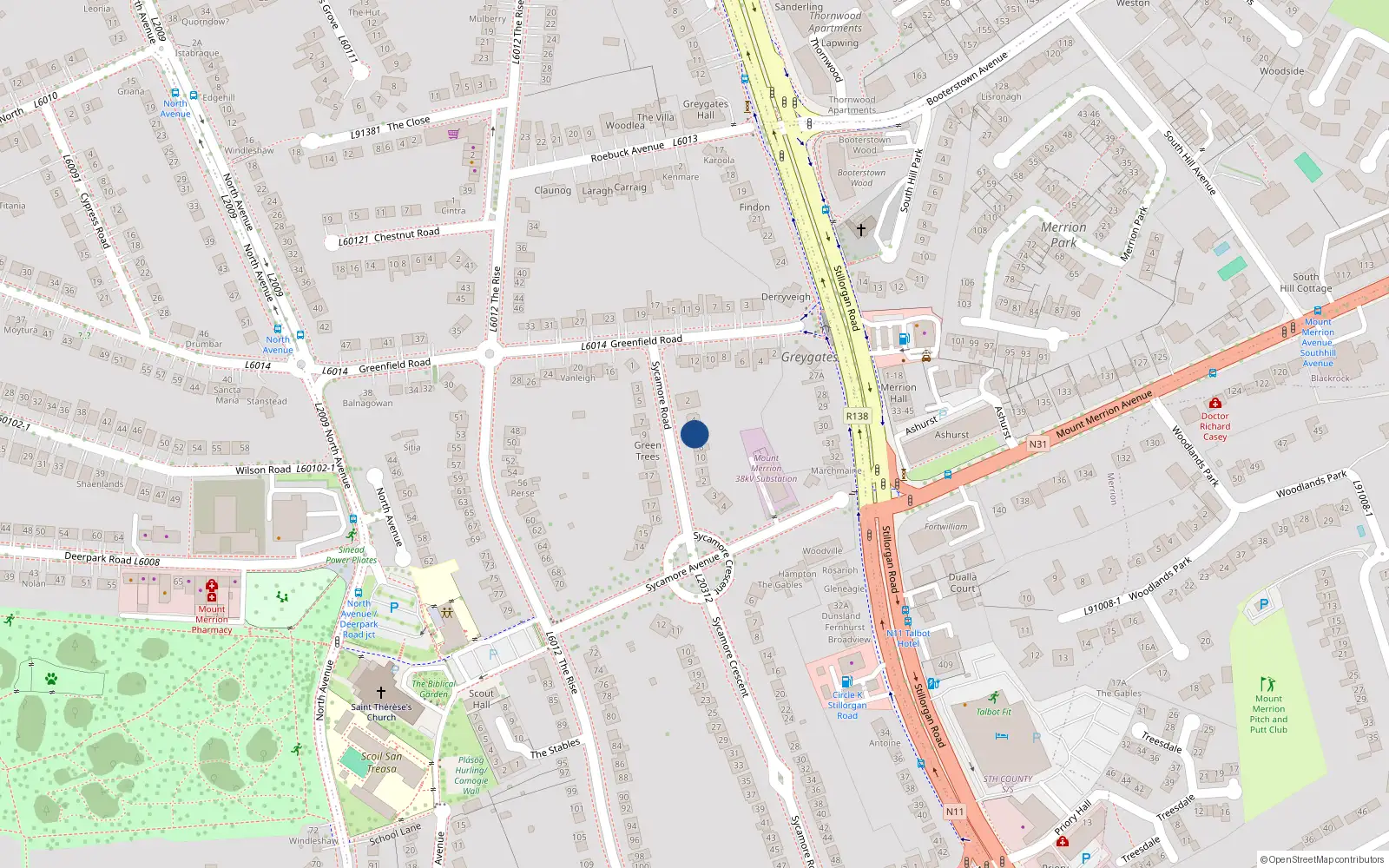 Overhead map showing the location of 6 Sycamore Road, Mount Merrion, Blackrock