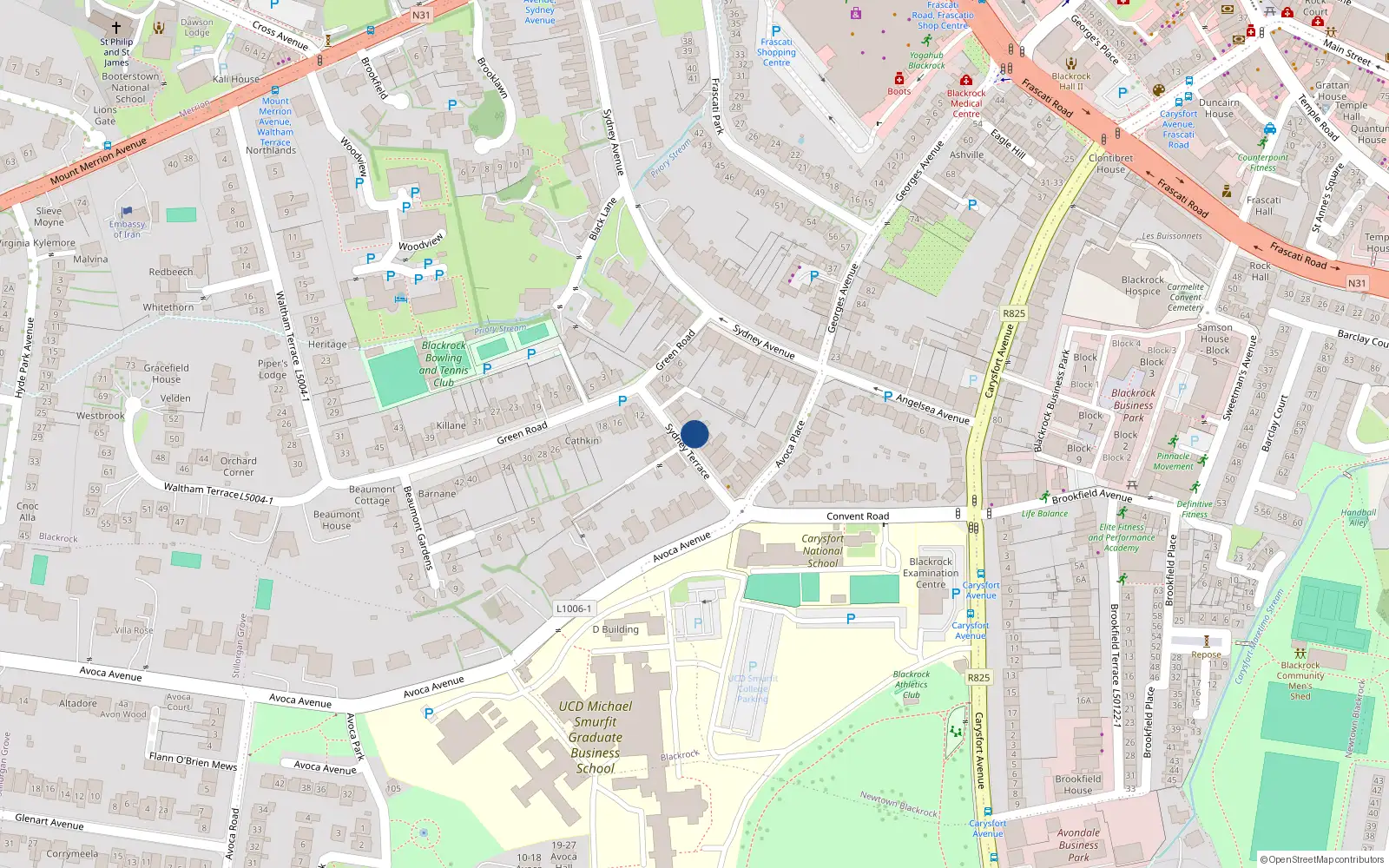 Overhead map showing the location of 6 Sydney Terrace, Blackrock, Dublin