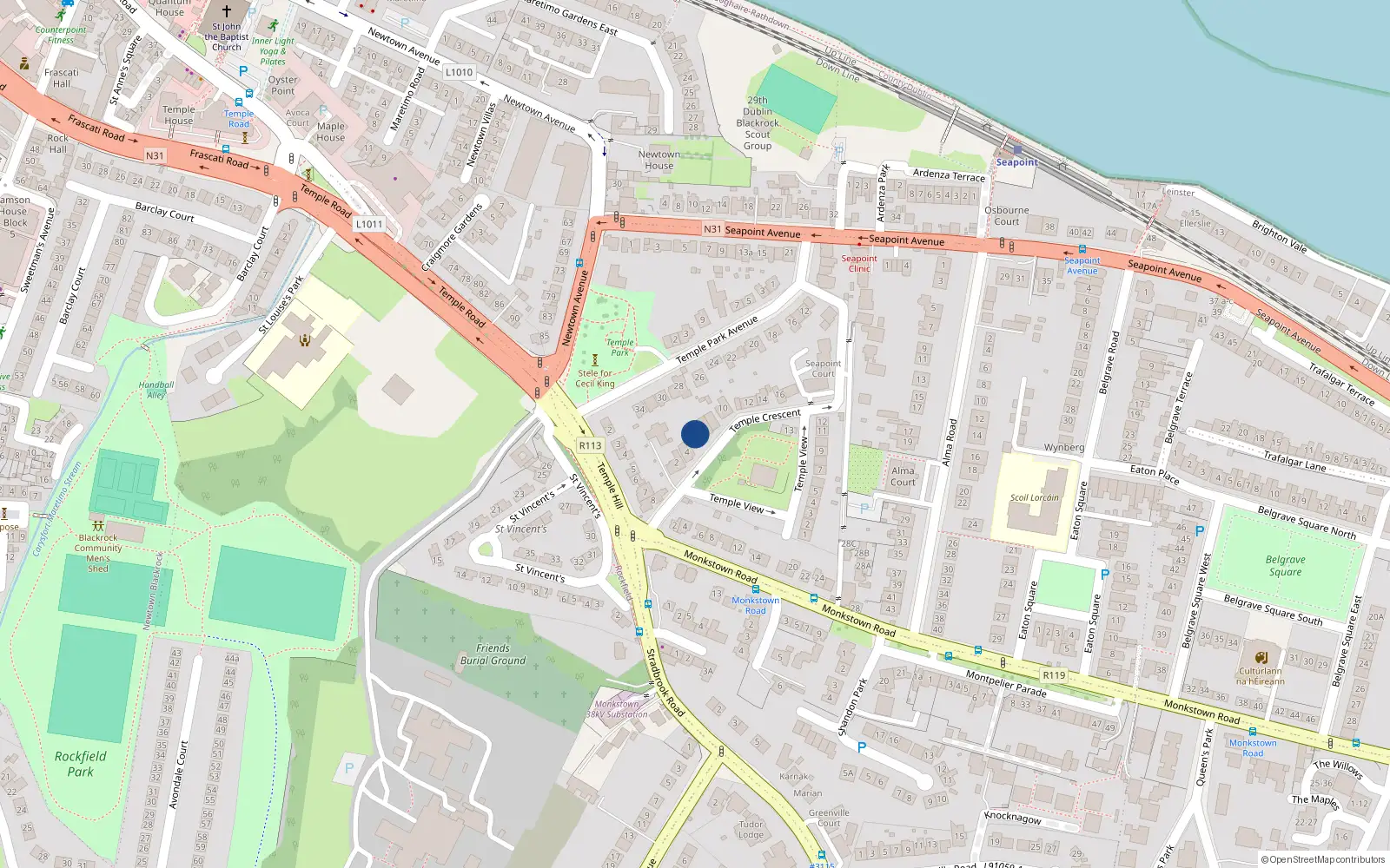 Overhead map showing the location of 6 Temple Crescent, Monkstown