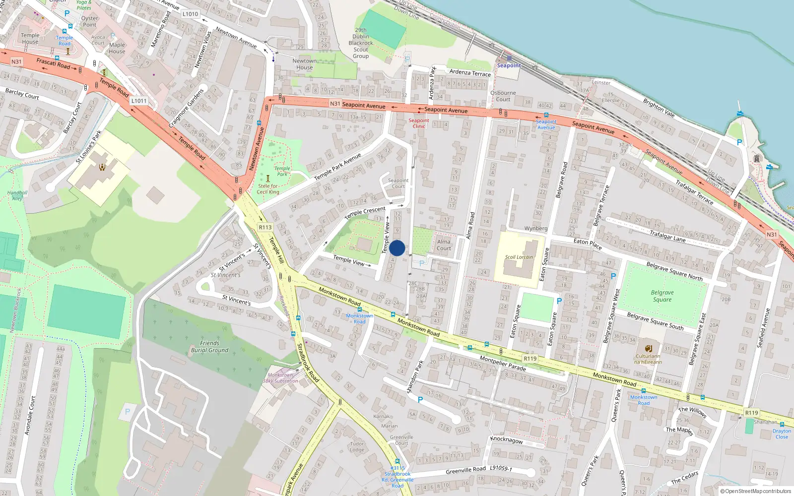 Overhead map showing the location of 6 Temple View, Blackrock