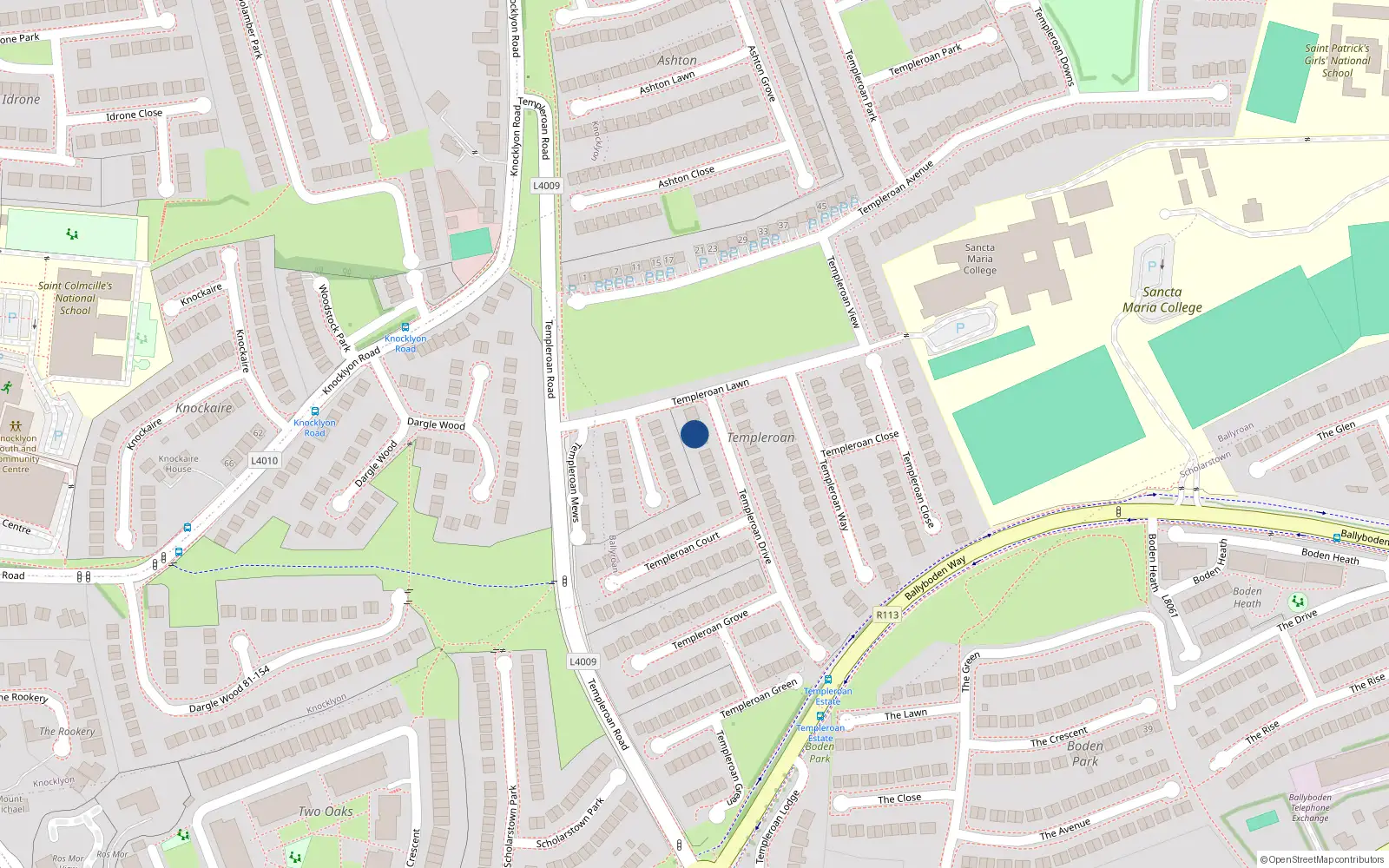 Overhead map showing the location of 6 Templeroan Drive, Rathfarnham