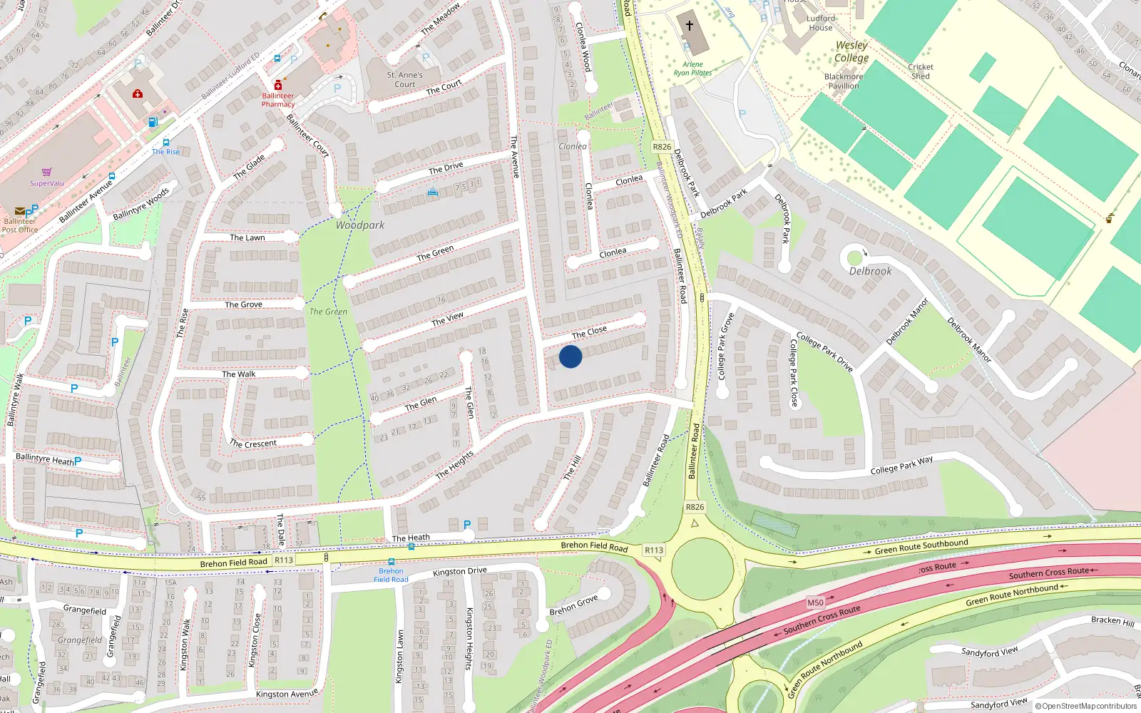 Overhead map showing the location of 6 The Close, Dublin 16