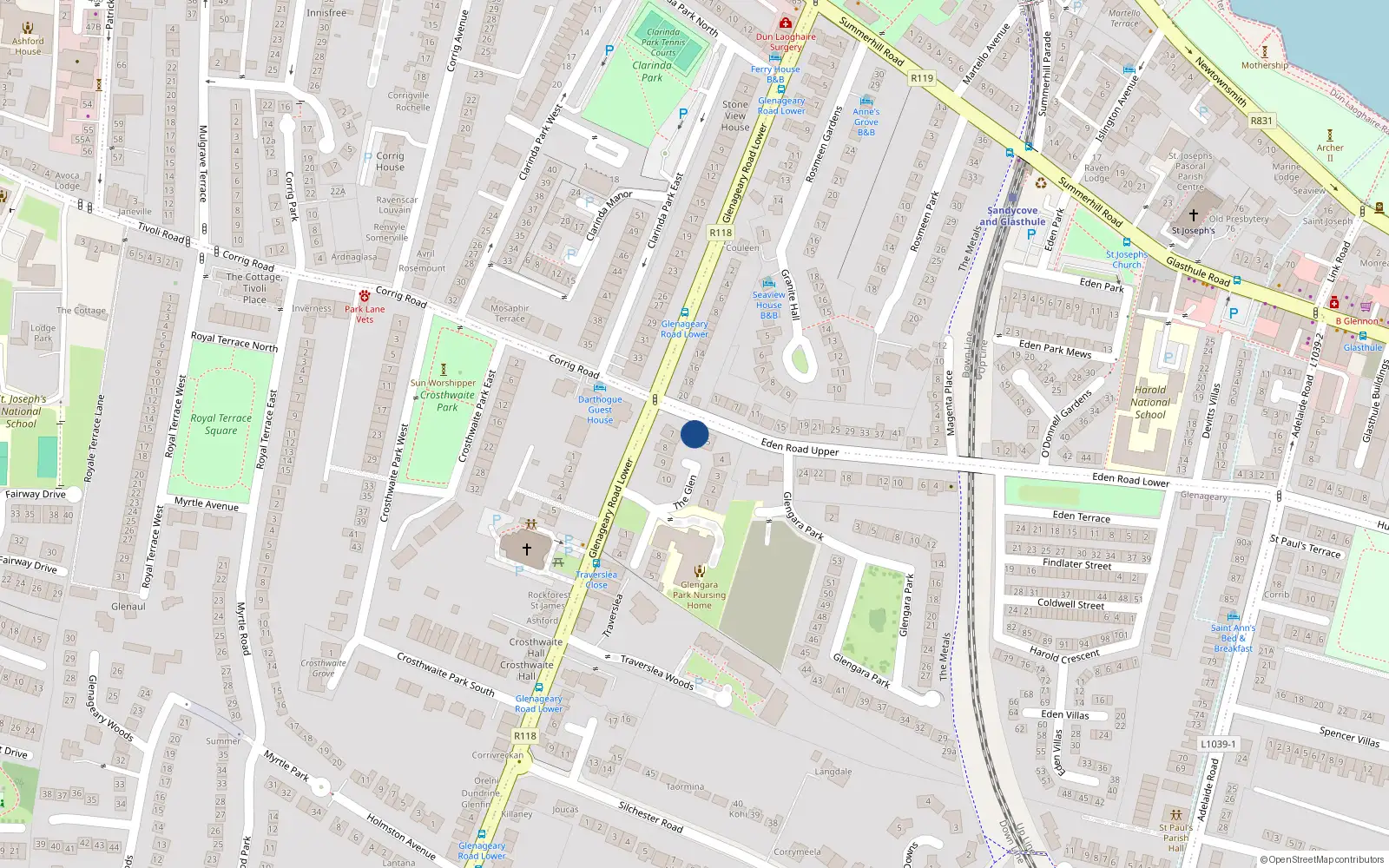Overhead map showing the location of 6 The Glen, Dun Laoghaire