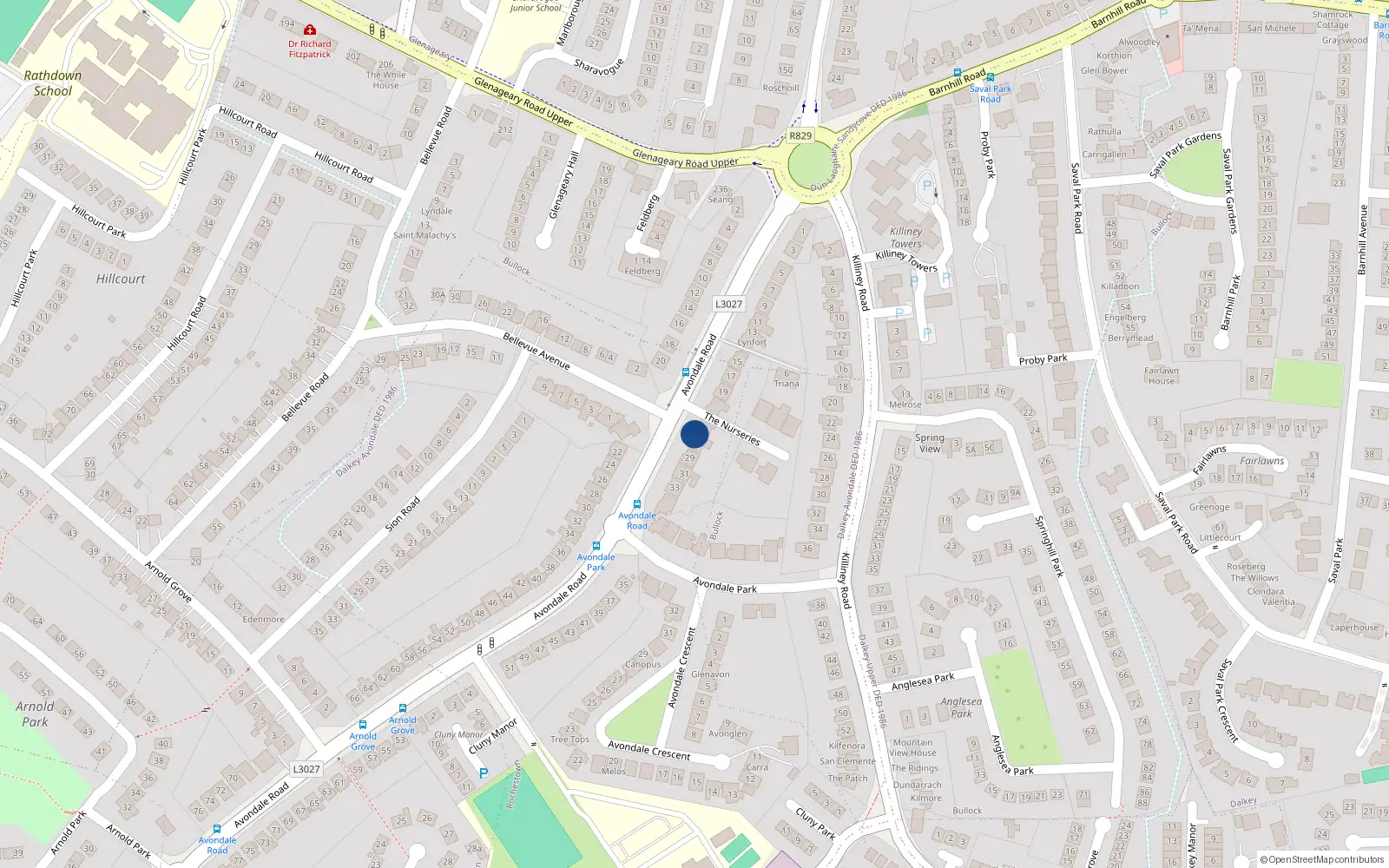 Overhead map showing the location of 6 The Nurseries, Killiney