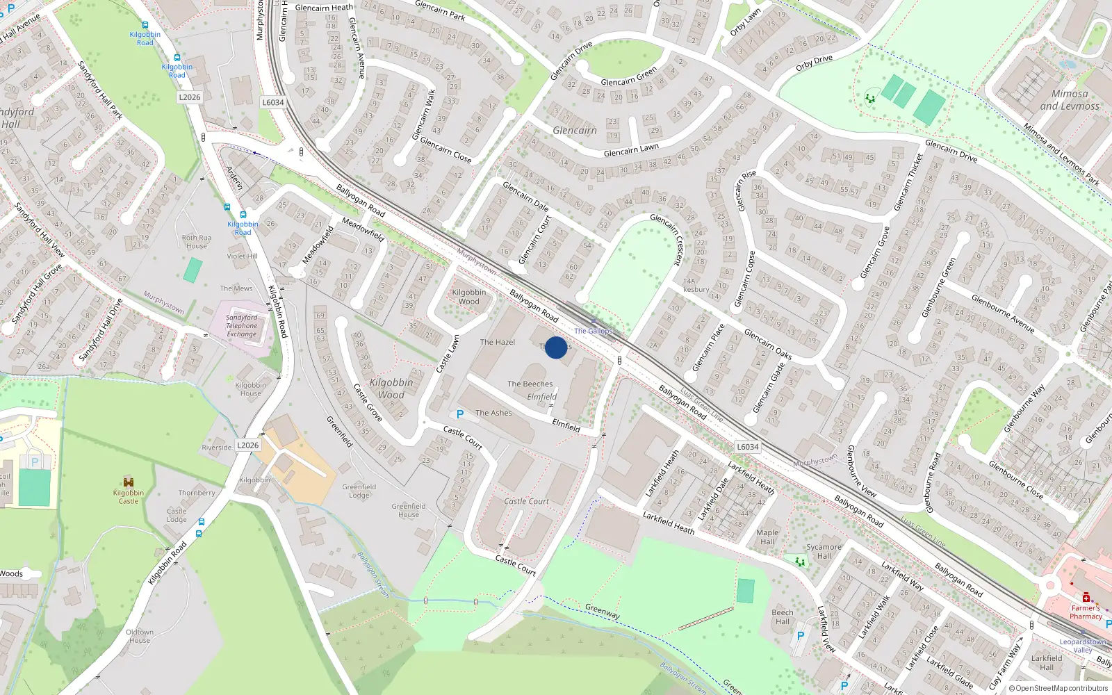 Overhead map showing the location of 6 the Oaks, Elmfield, Leopardstown